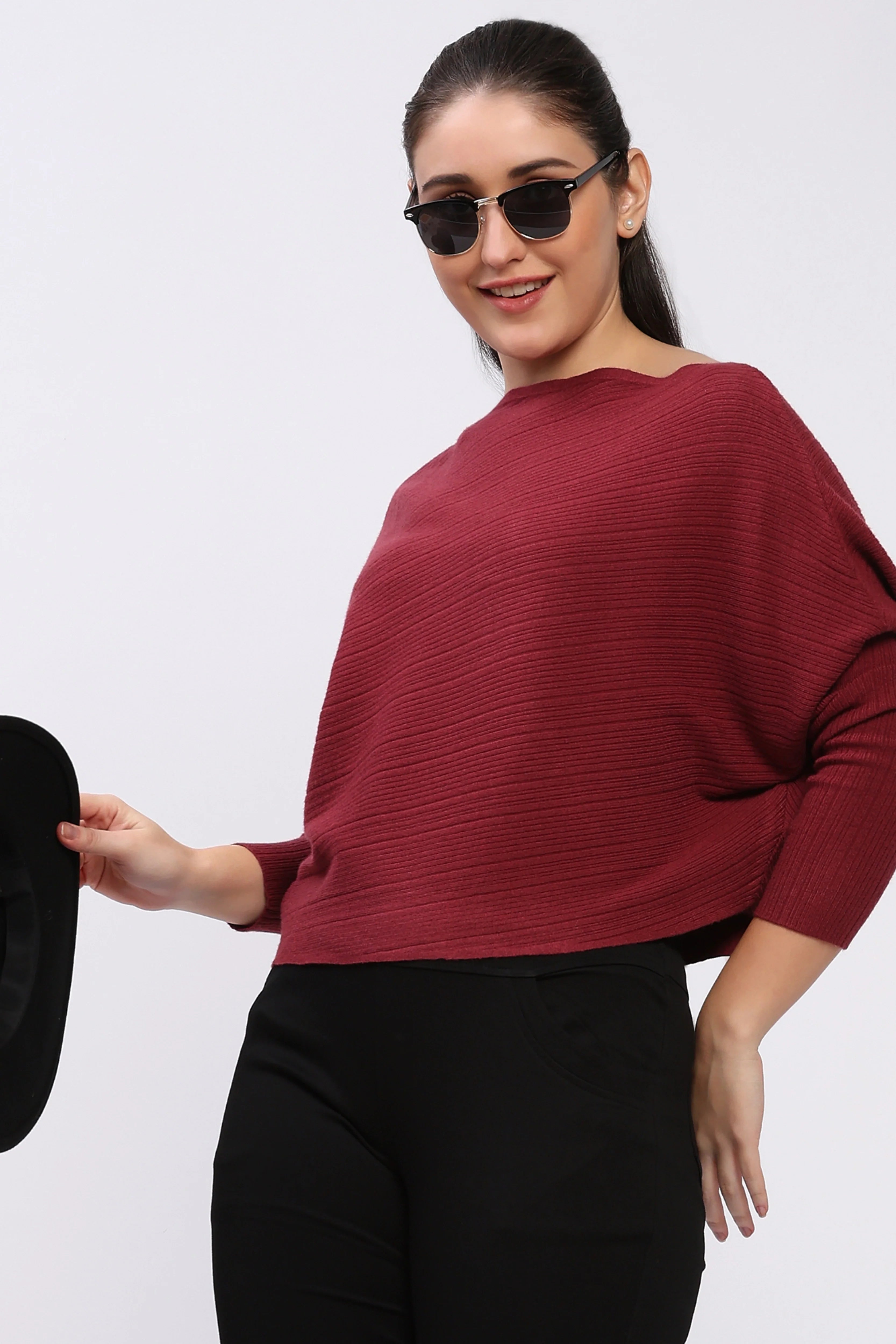 Maroon Ribbed Batwing Pullover-Global Republic