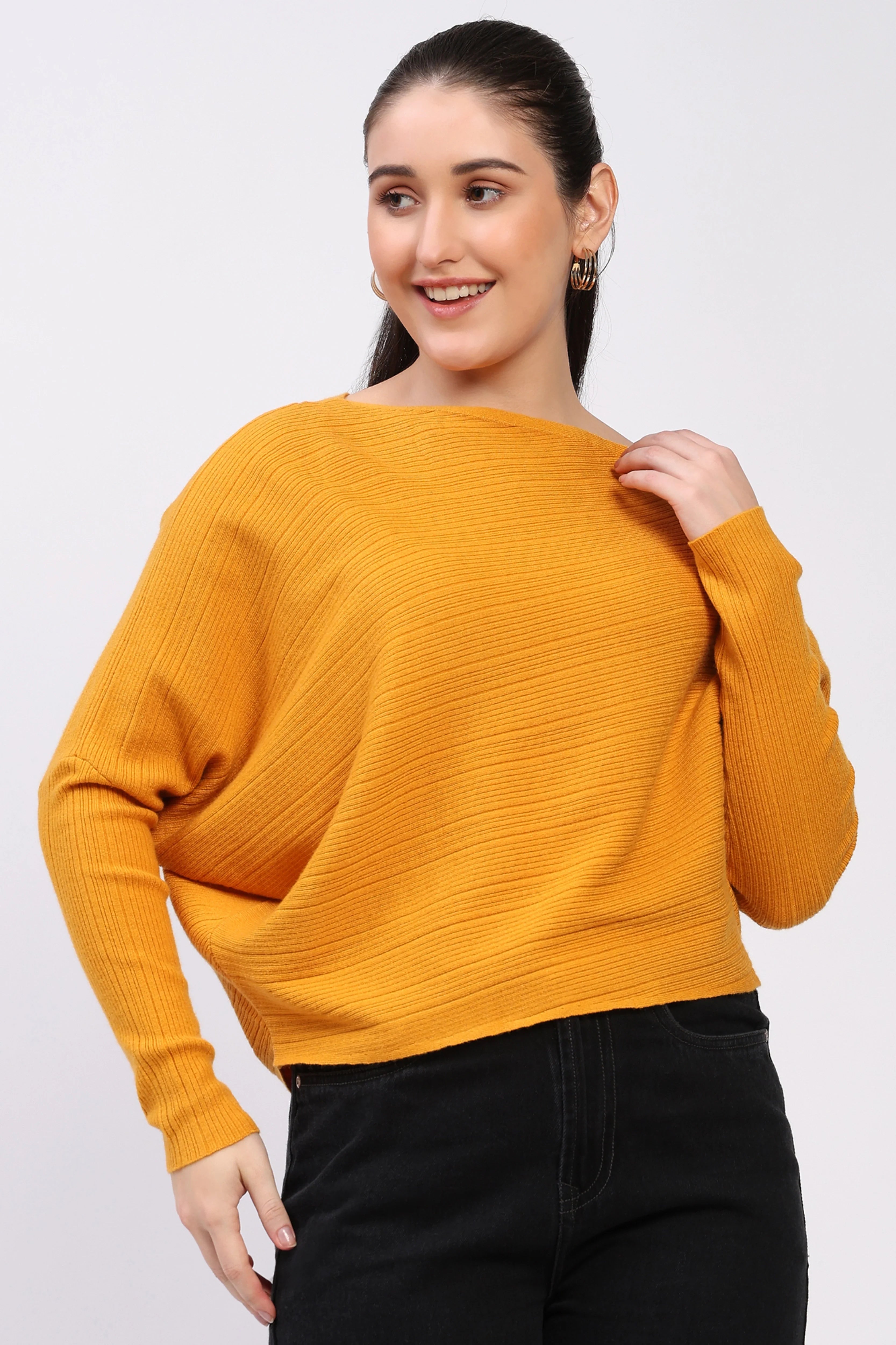 Mustard Ribbed Batwing Pullover-Global Republic