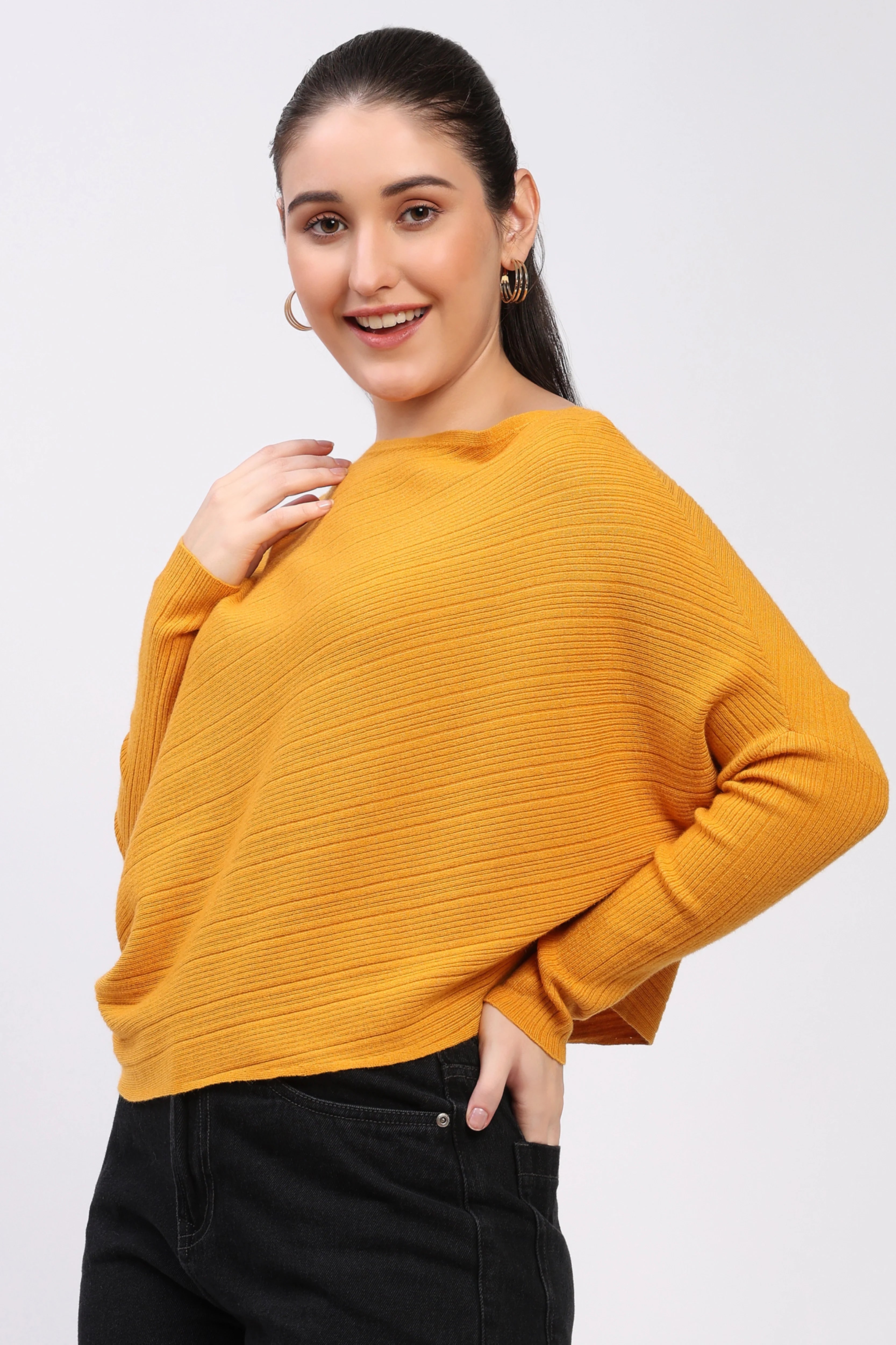 Mustard Ribbed Batwing Pullover-Global Republic
