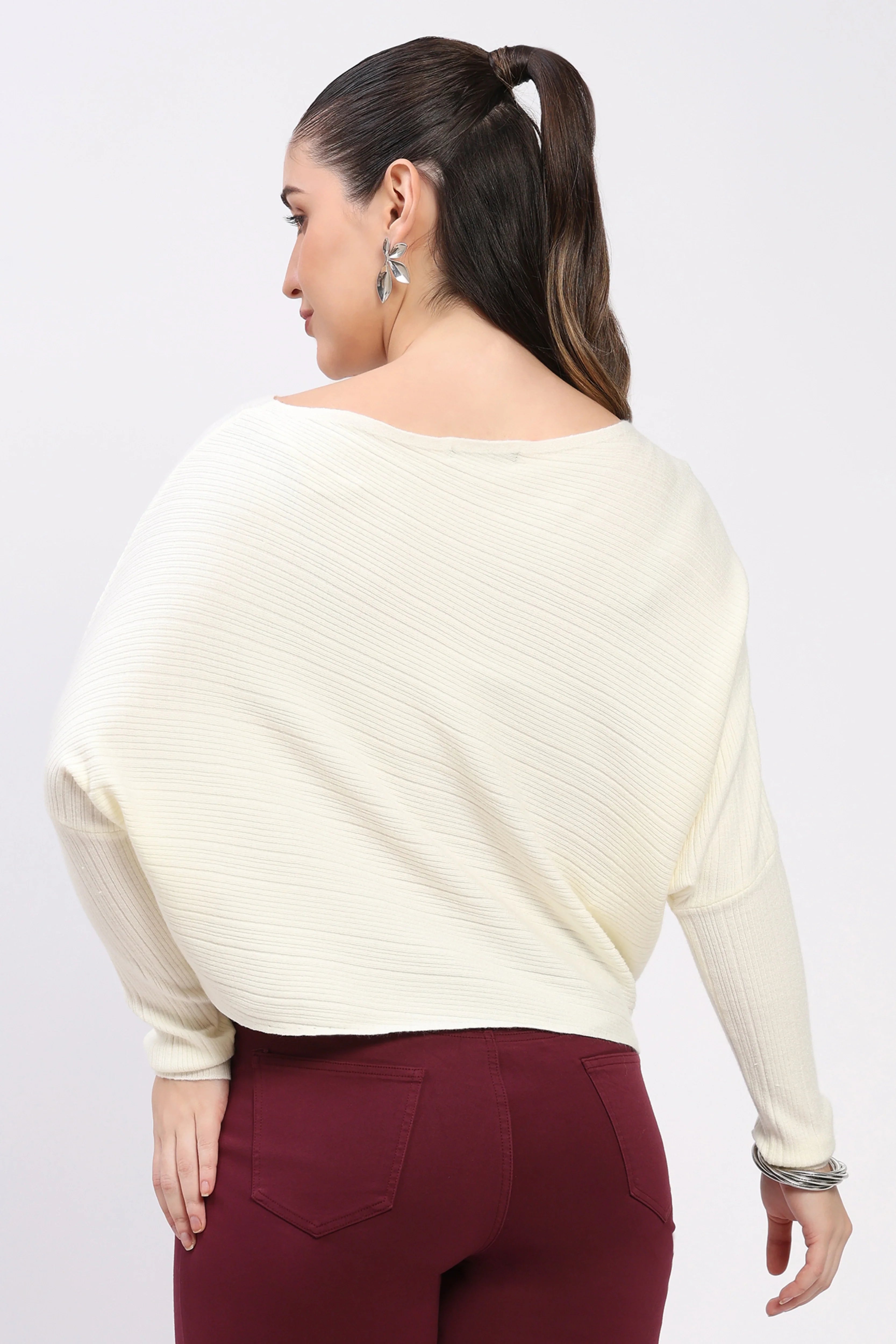 White Ribbed Loose Fit Pullover-Global Republic