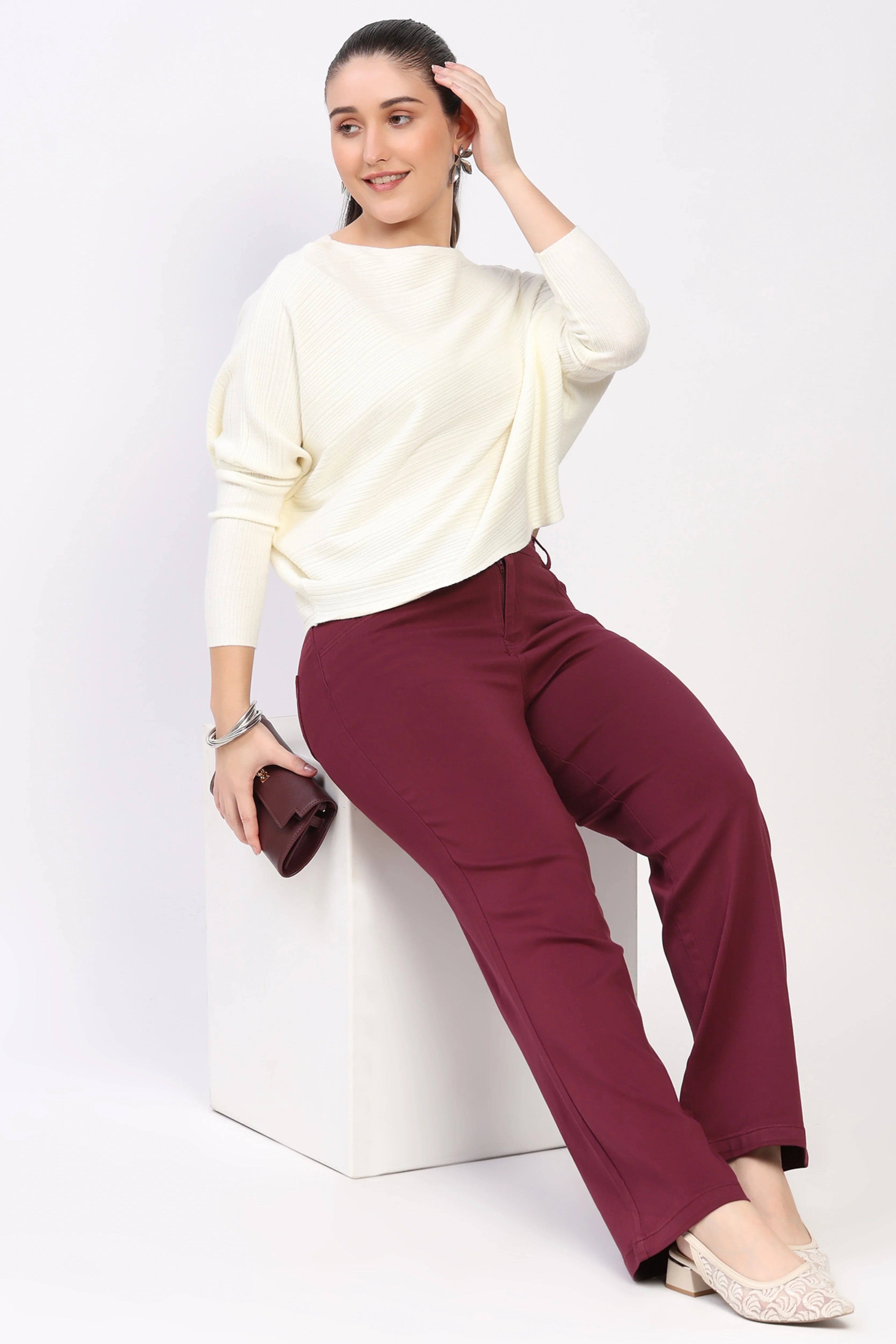 White Ribbed Loose Fit Pullover-Global Republic