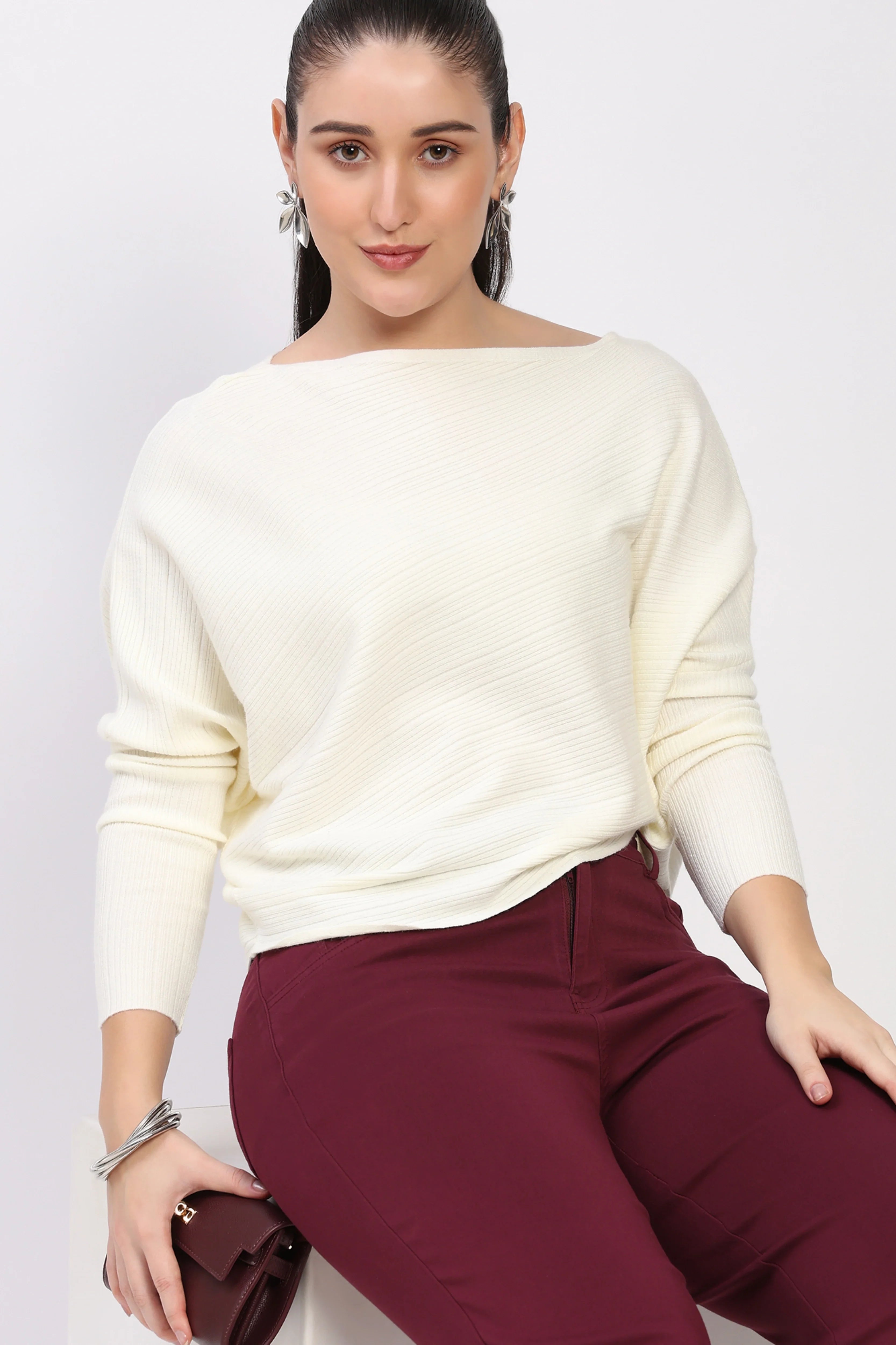 White Ribbed Loose Fit Pullover-Global Republic