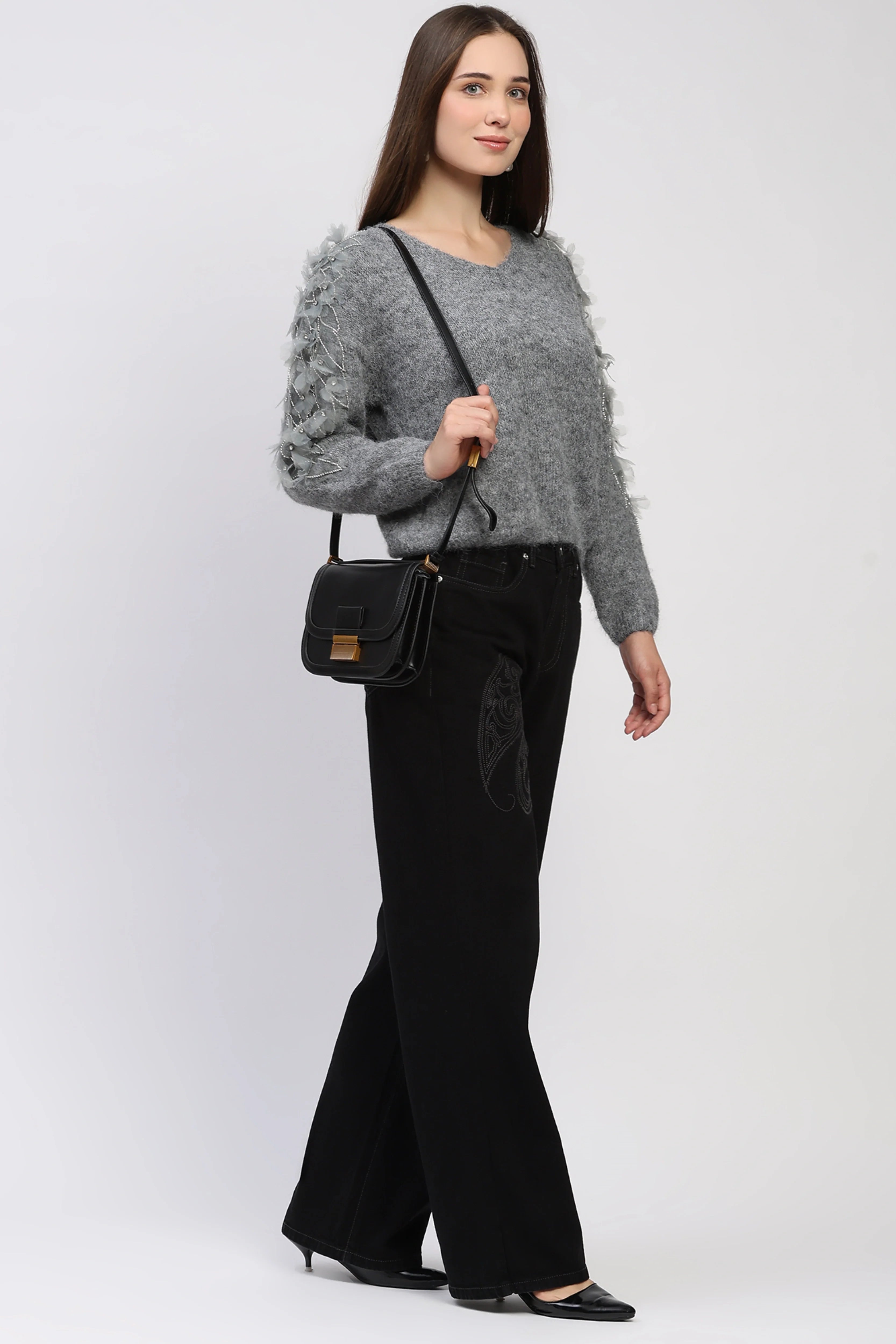 3D Floral Embellished Grey Pullover