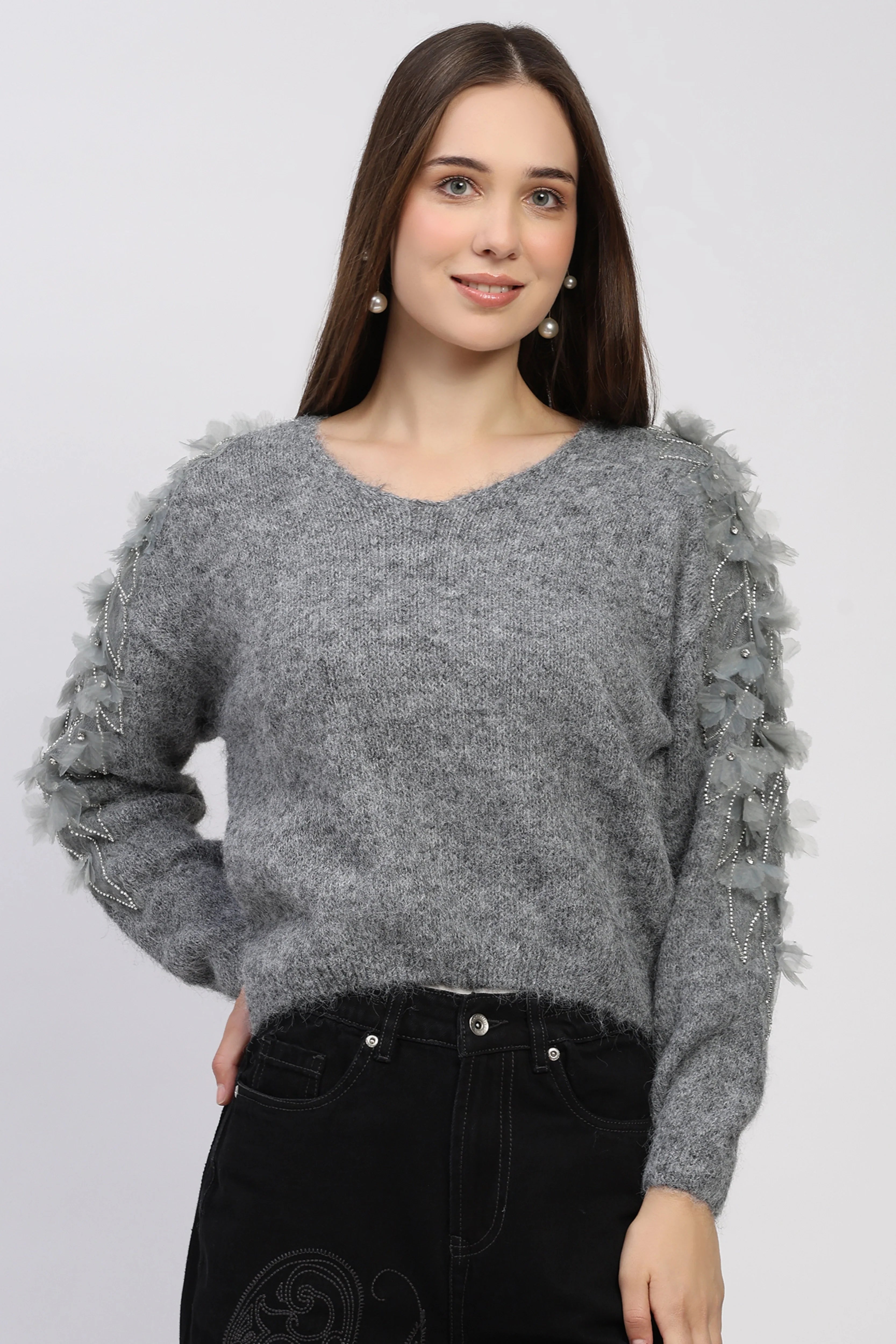 3D Floral Embellished Grey Pullover