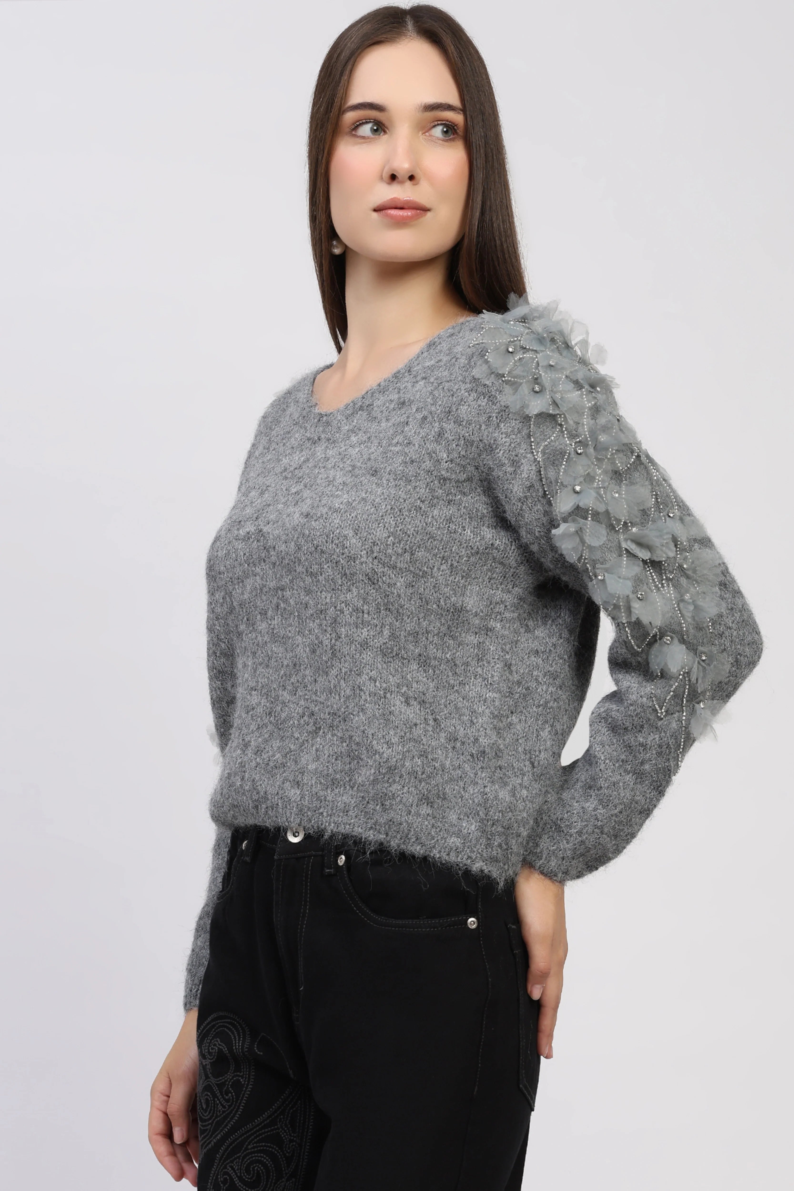 3D Floral Embellished Grey Pullover