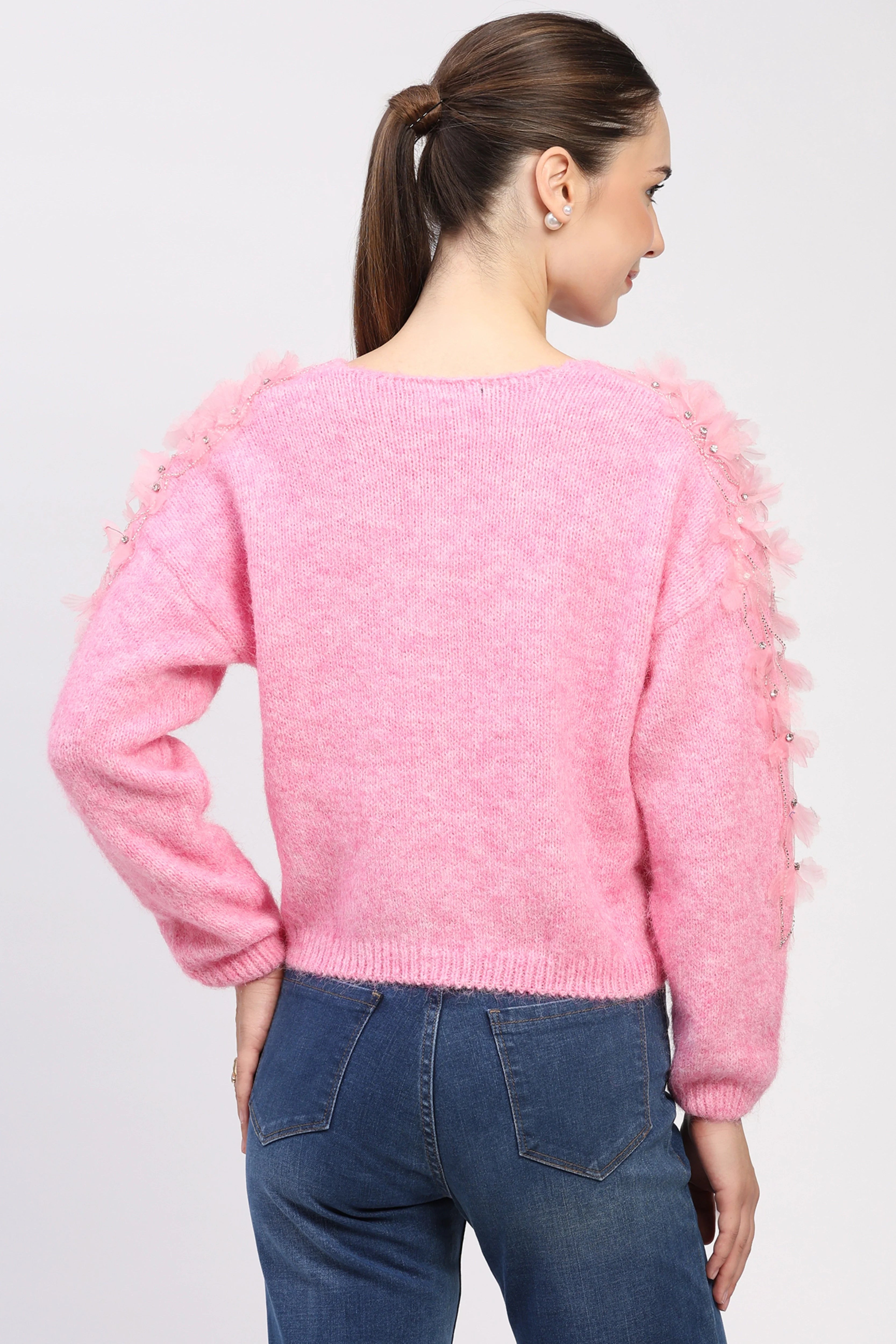 3D Floral Embellished Pink Pullover
