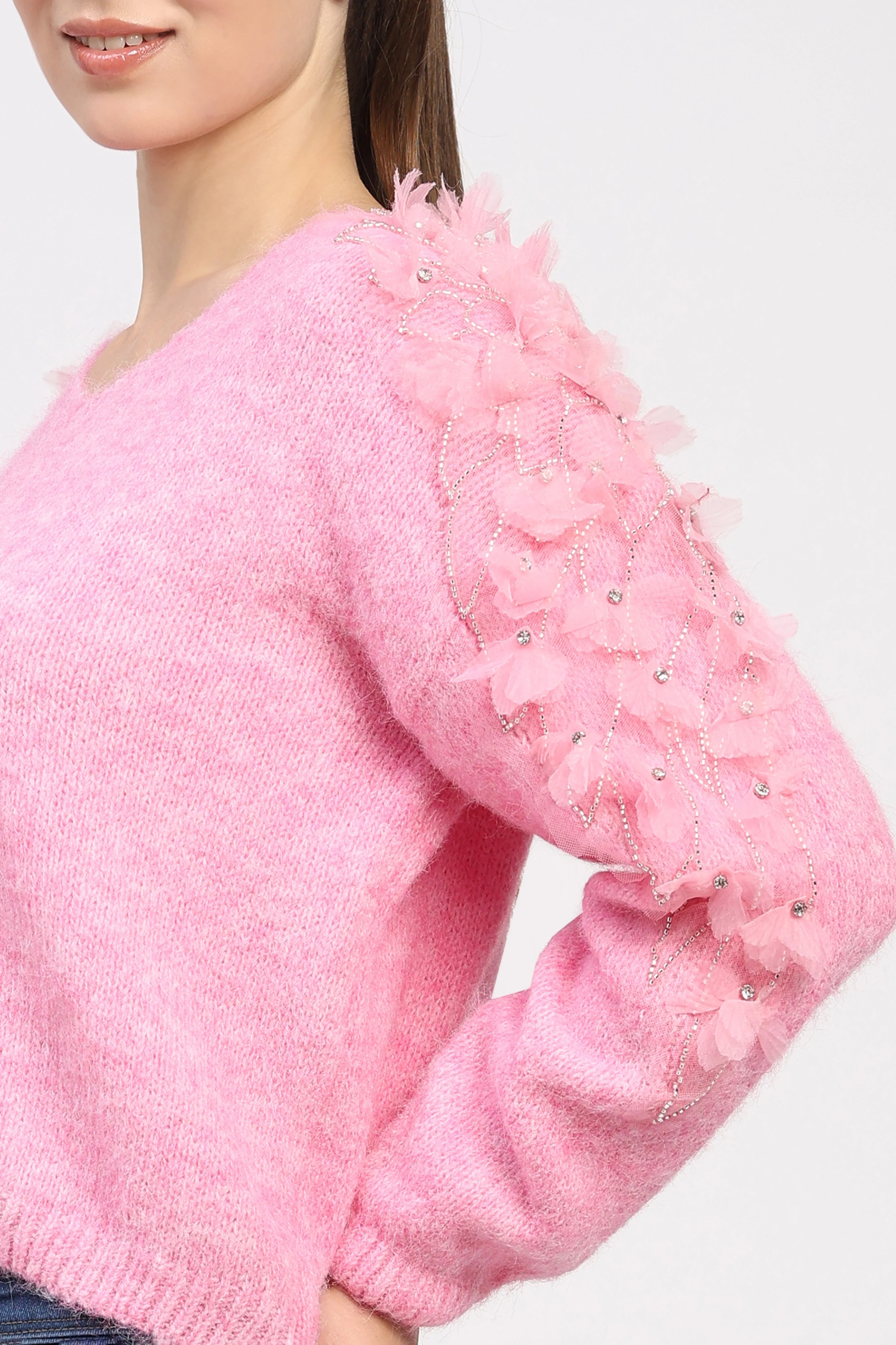 3D Floral Embellished Pink Pullover