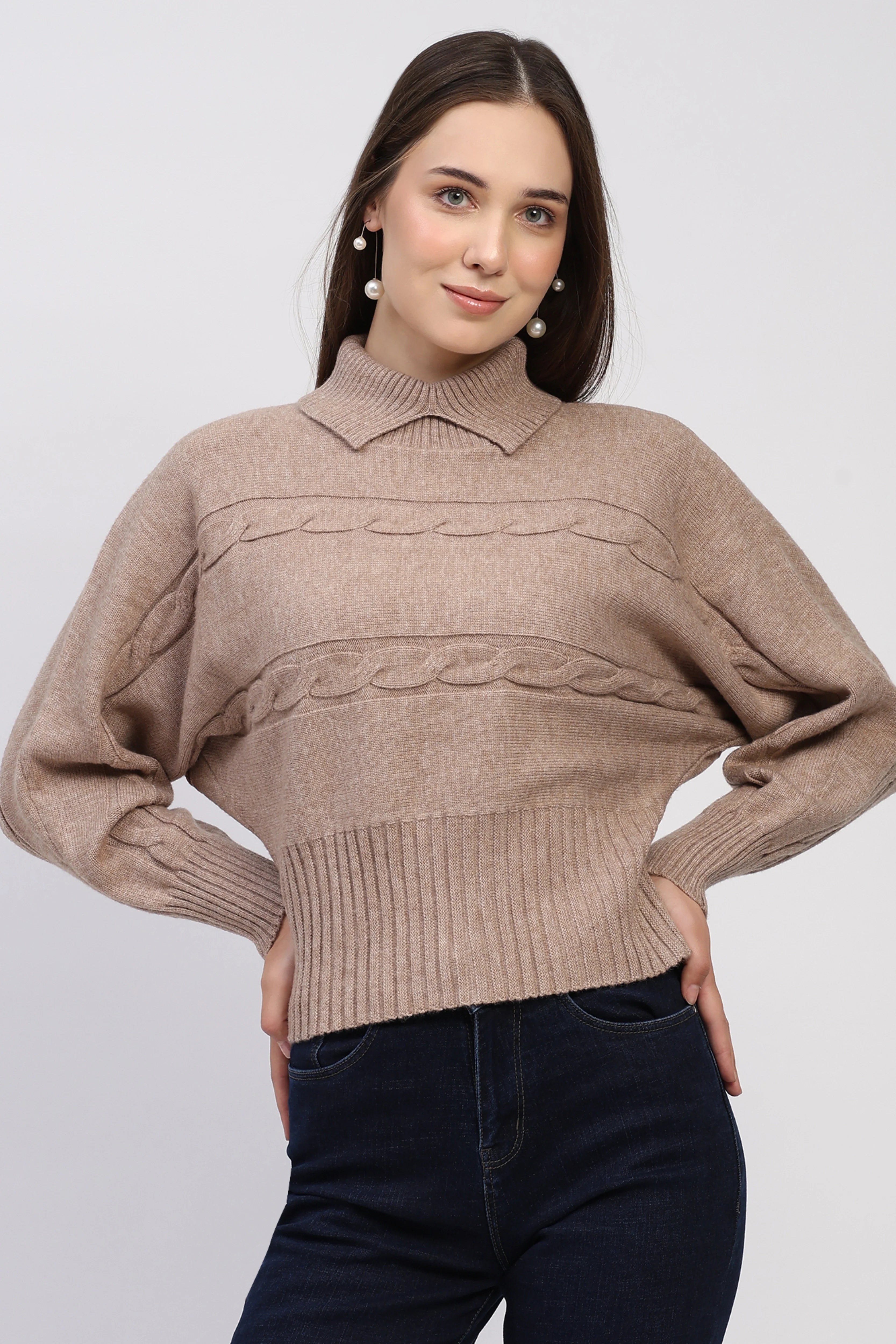 Camel Self-Design High-Neck Pullover