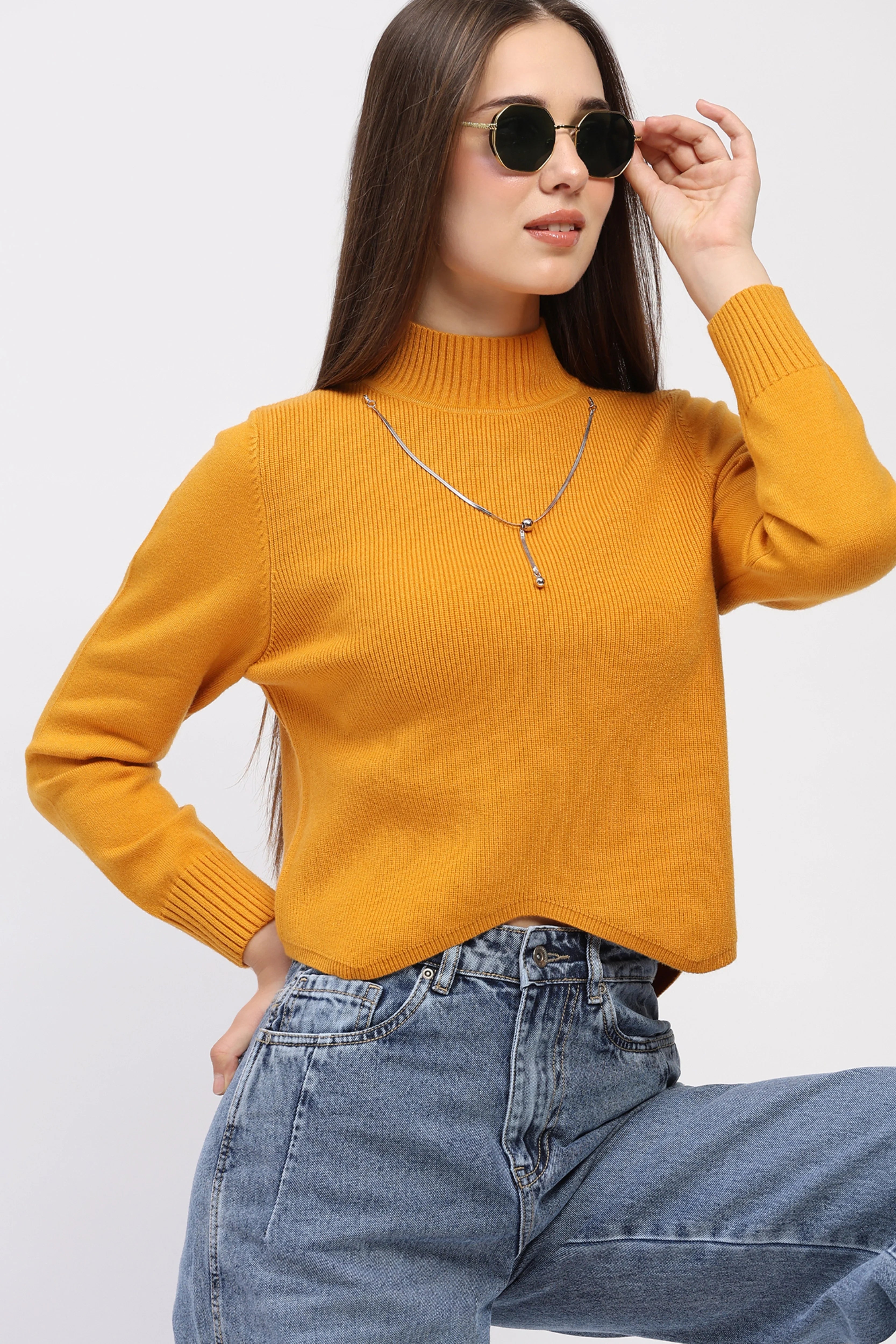 Mustard Scalloped Hem Pullover
