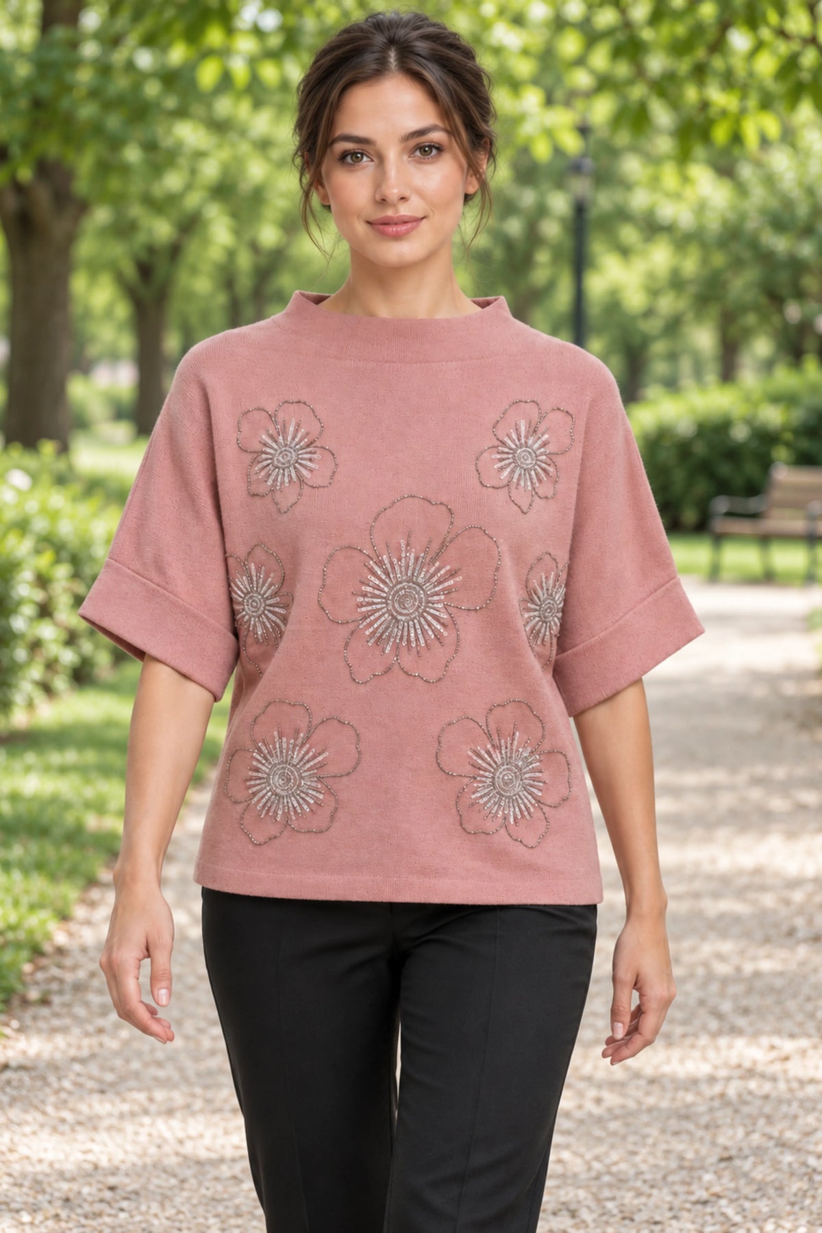 Pink Floral Embellished Pullover-Global Republic