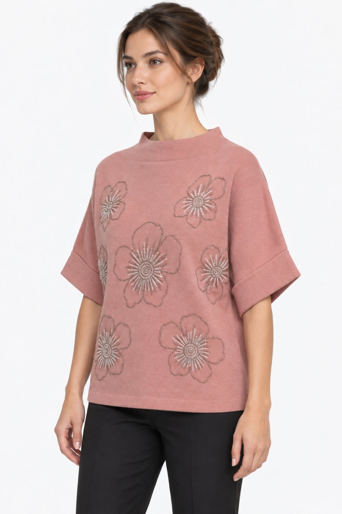 Pink Floral Embellished Pullover-Global Republic