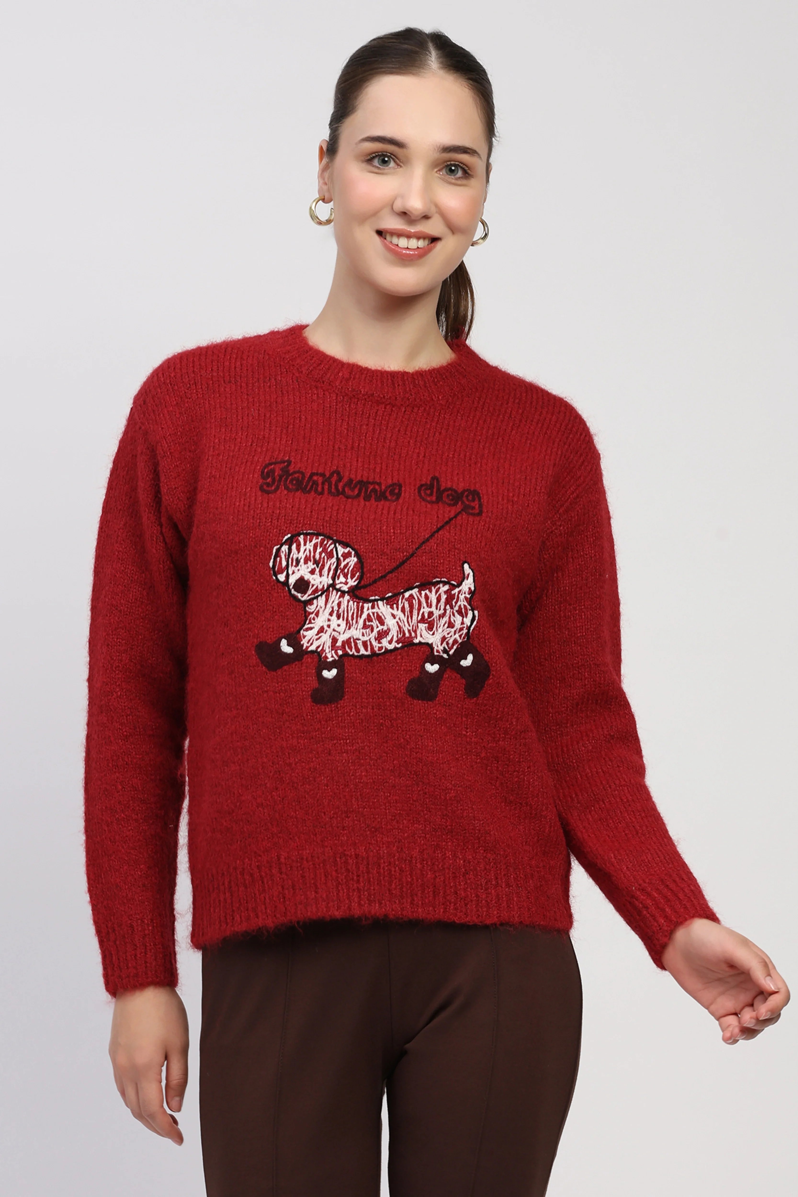 Fortune Dog Embroidered Red Pullover