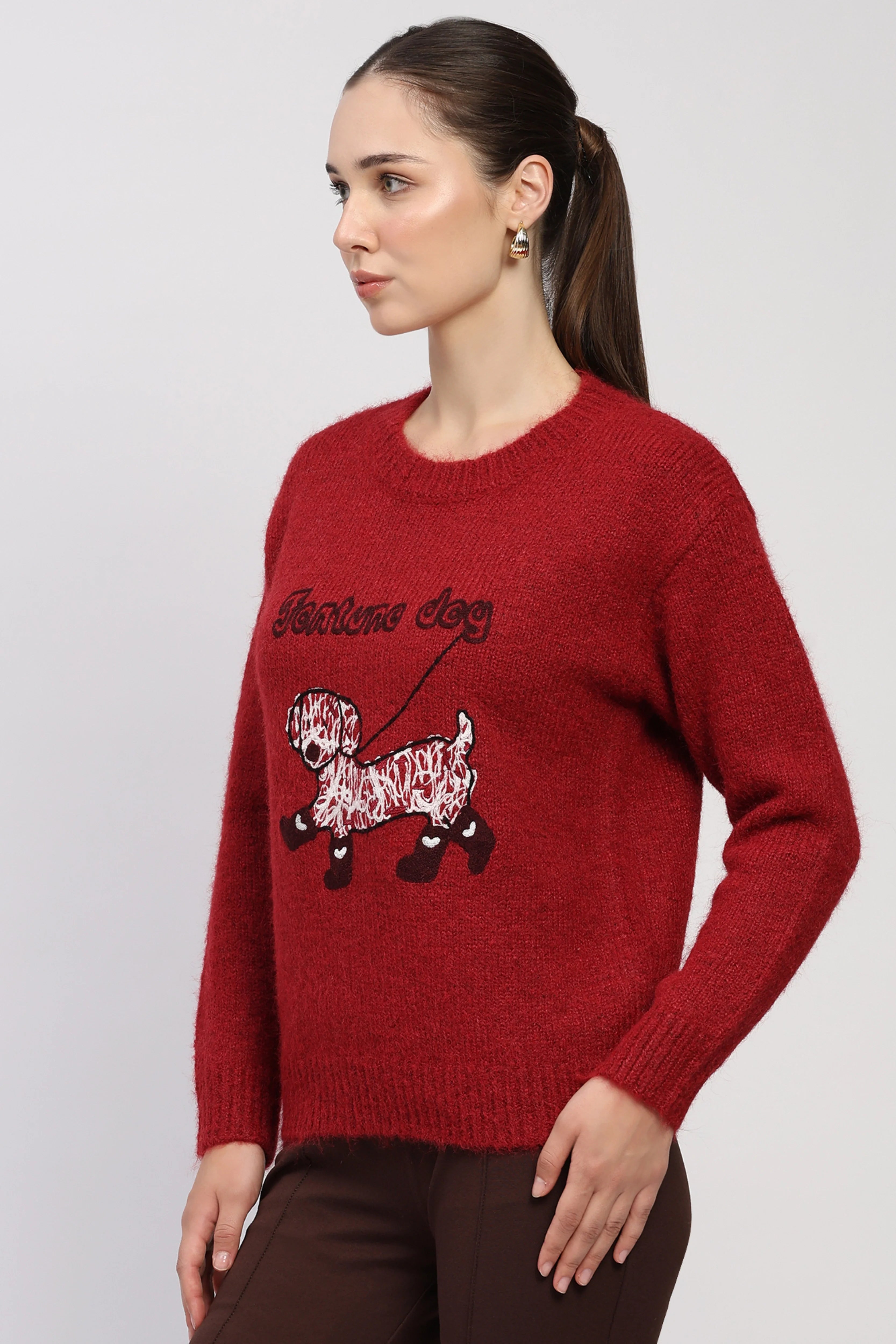 Fortune Dog Embroidered Red Pullover
