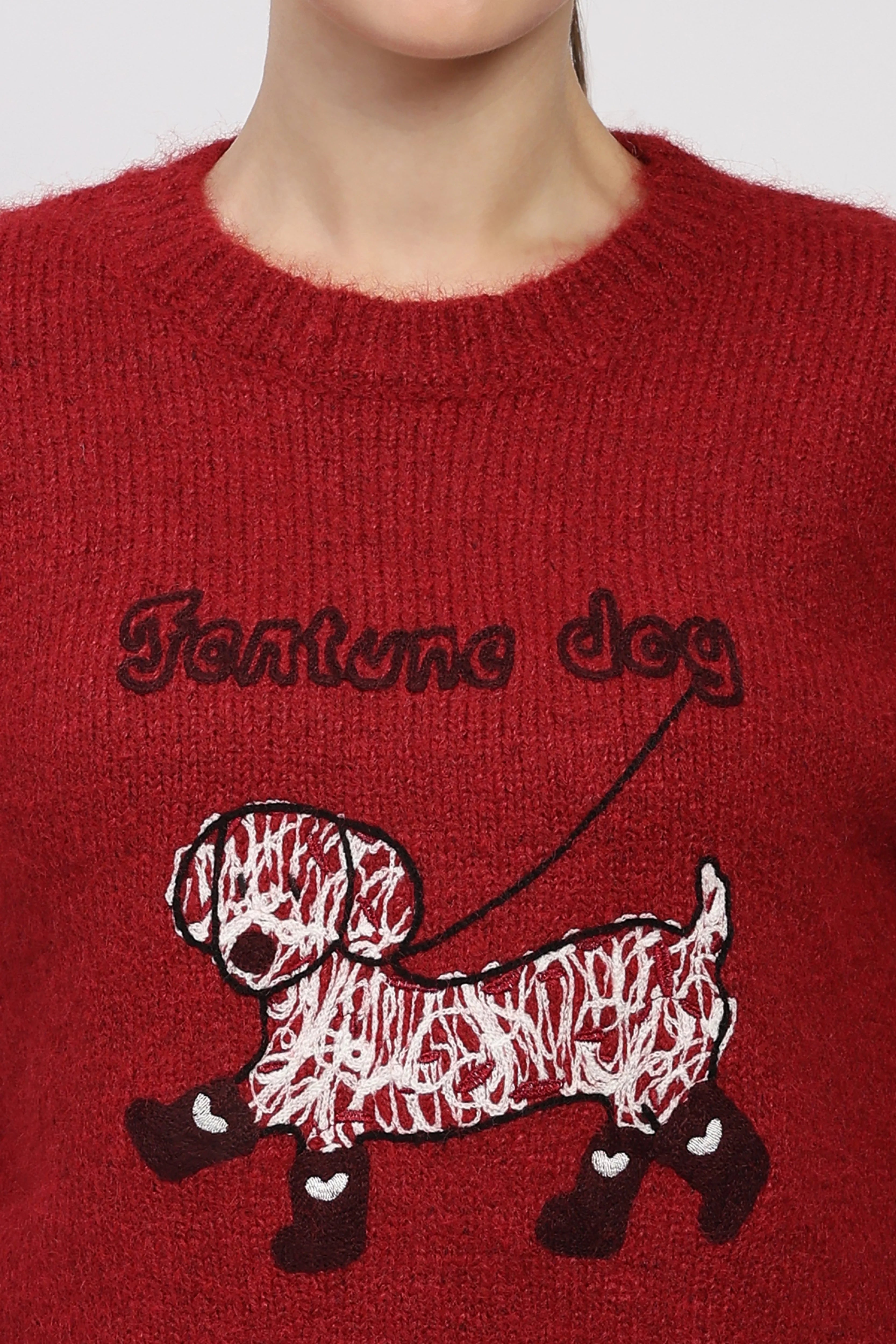 Fortune Dog Embroidered Red Pullover