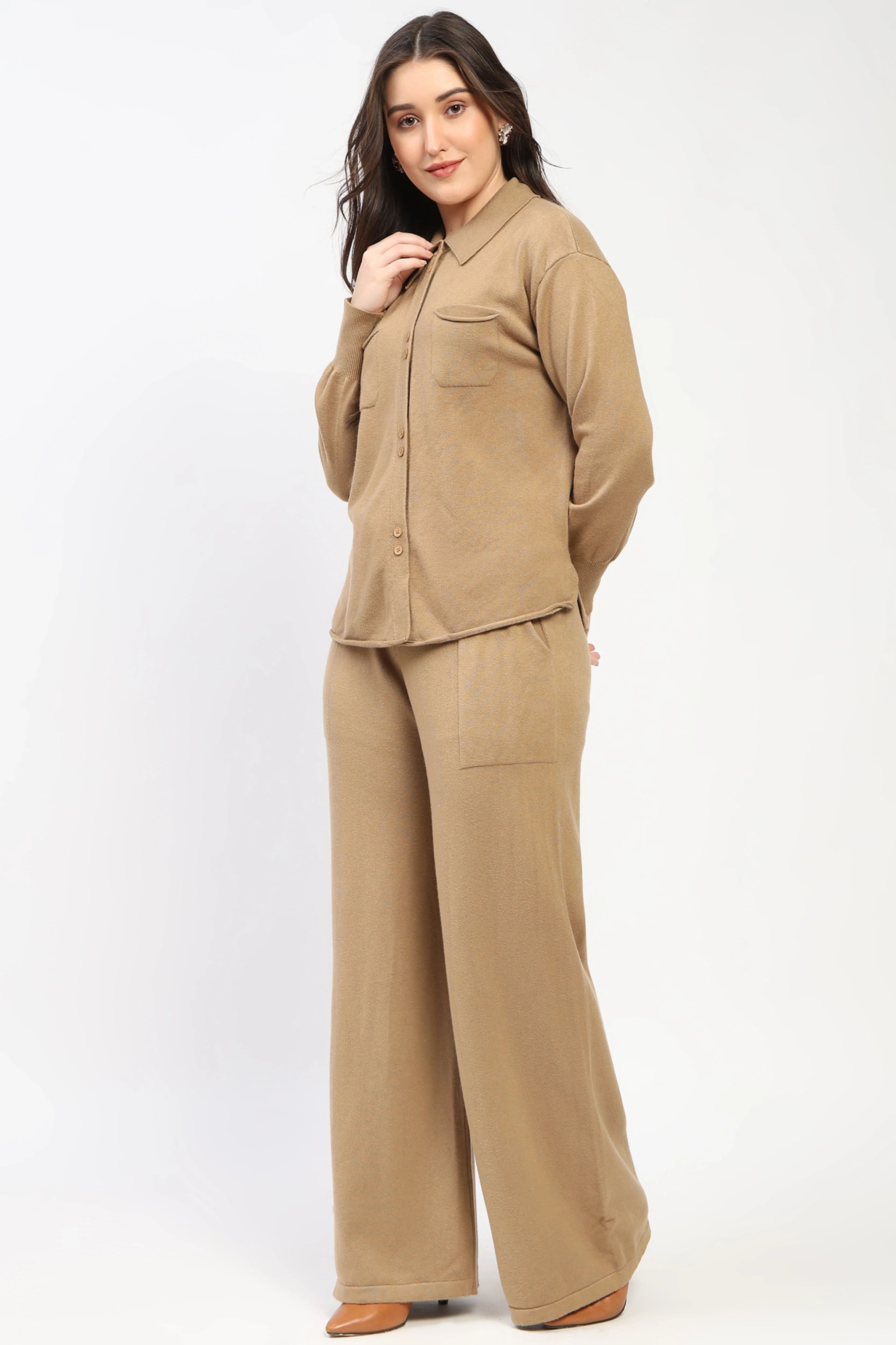 Camel Winter Knit Co-ord Set-Global Republic