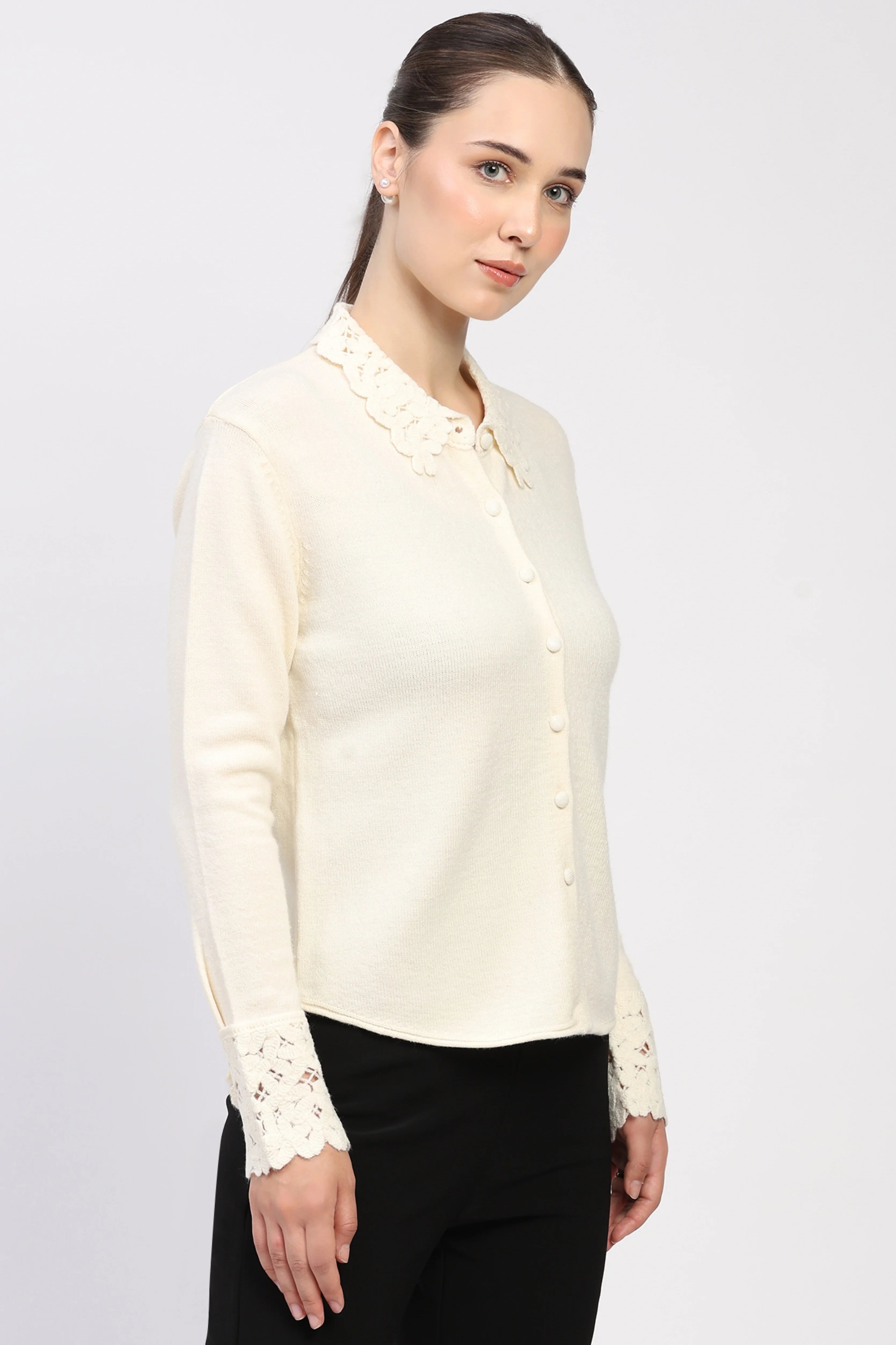 Cream Crochet Detail Winter Shirt