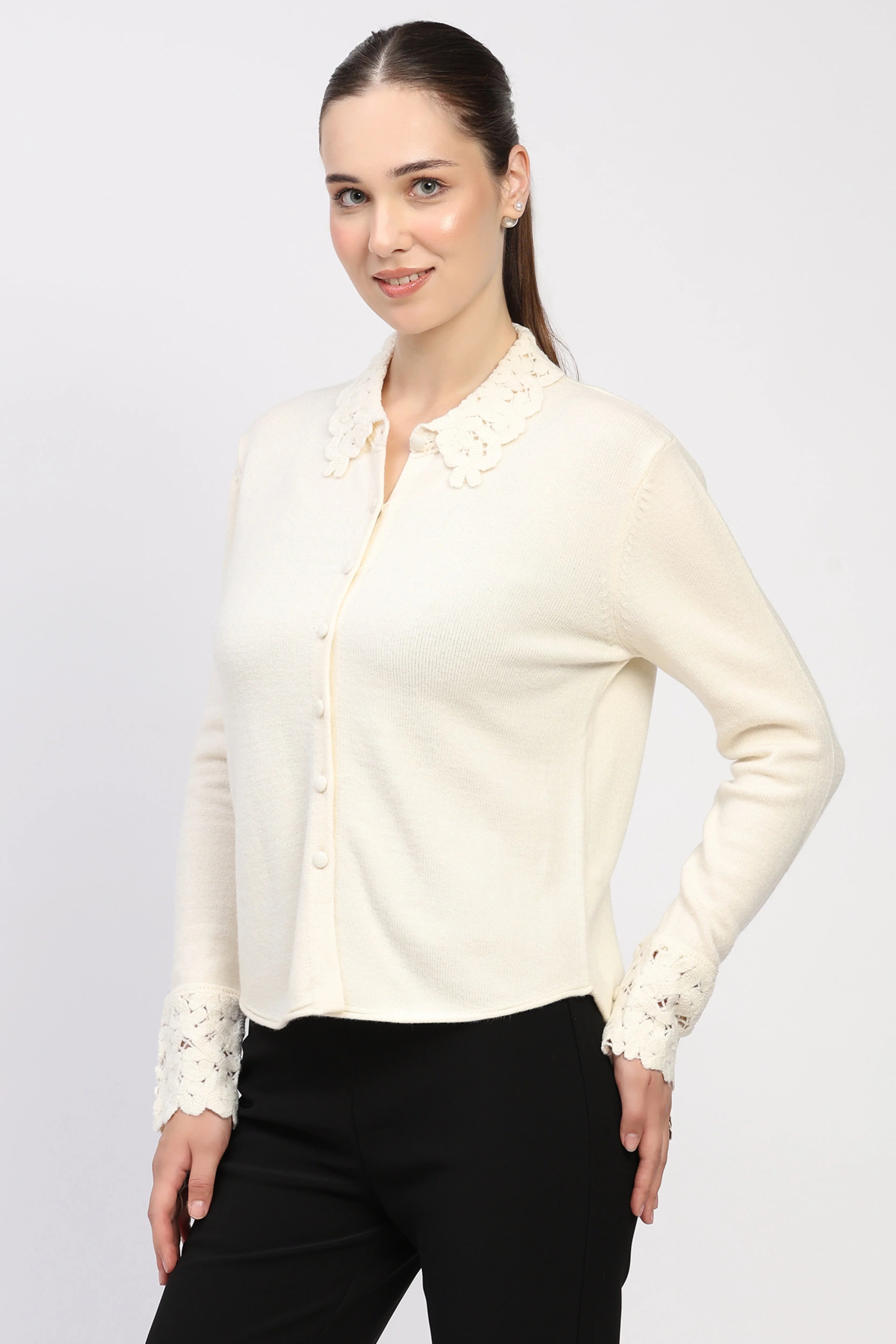 Cream Crochet Detail Winter Shirt