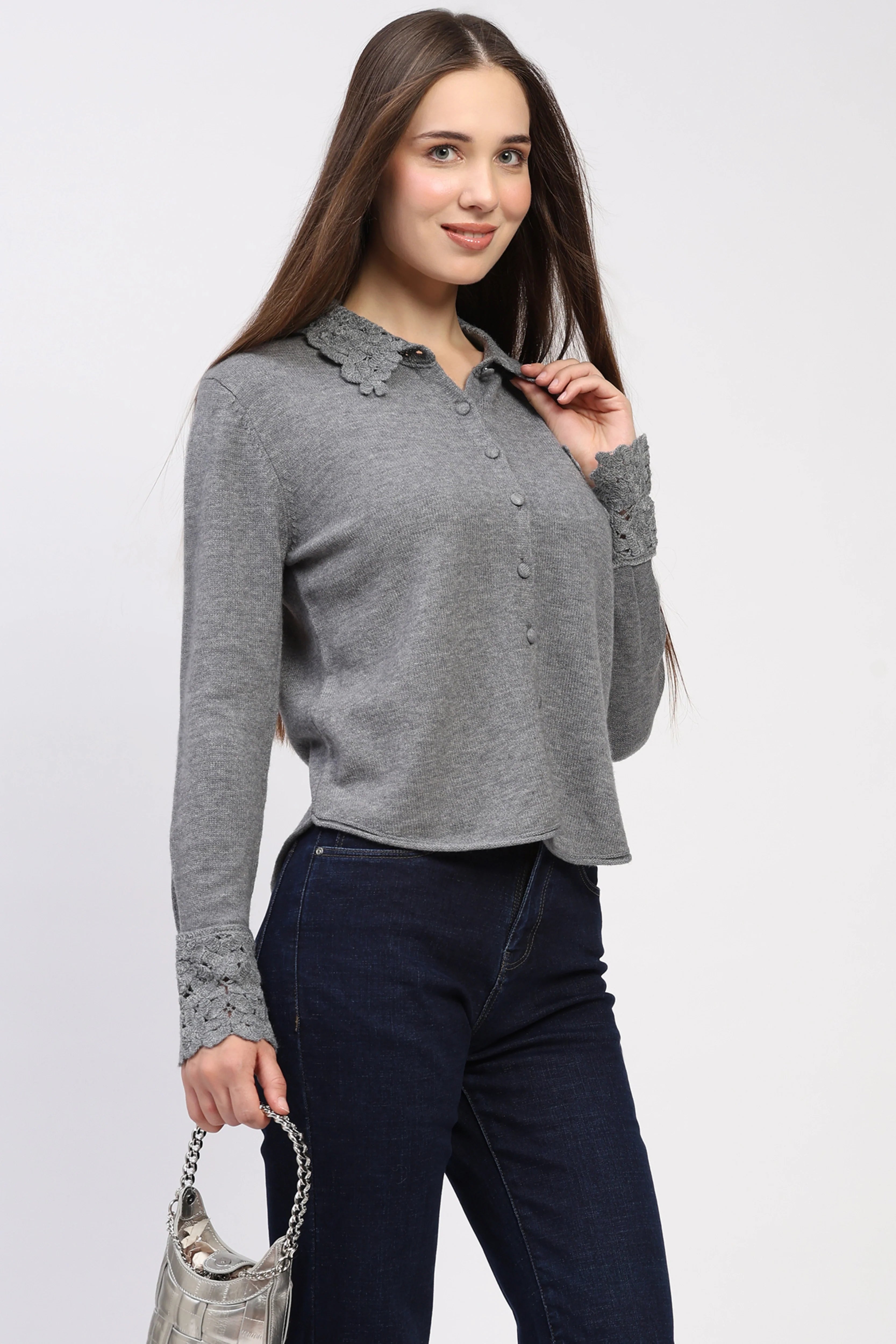 Grey Crochet Detail Winter Shirt