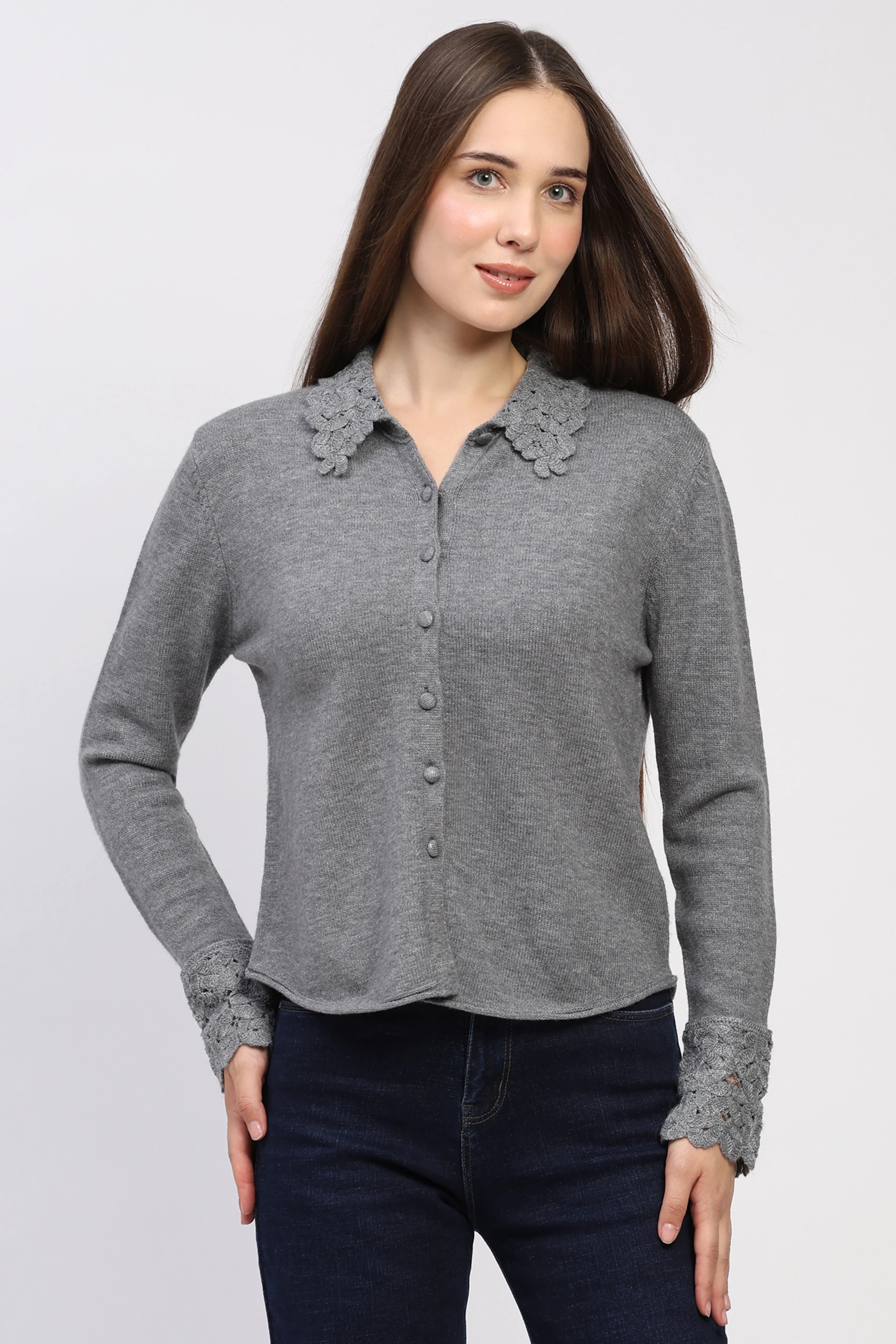 Grey Crochet Detail Winter Shirt