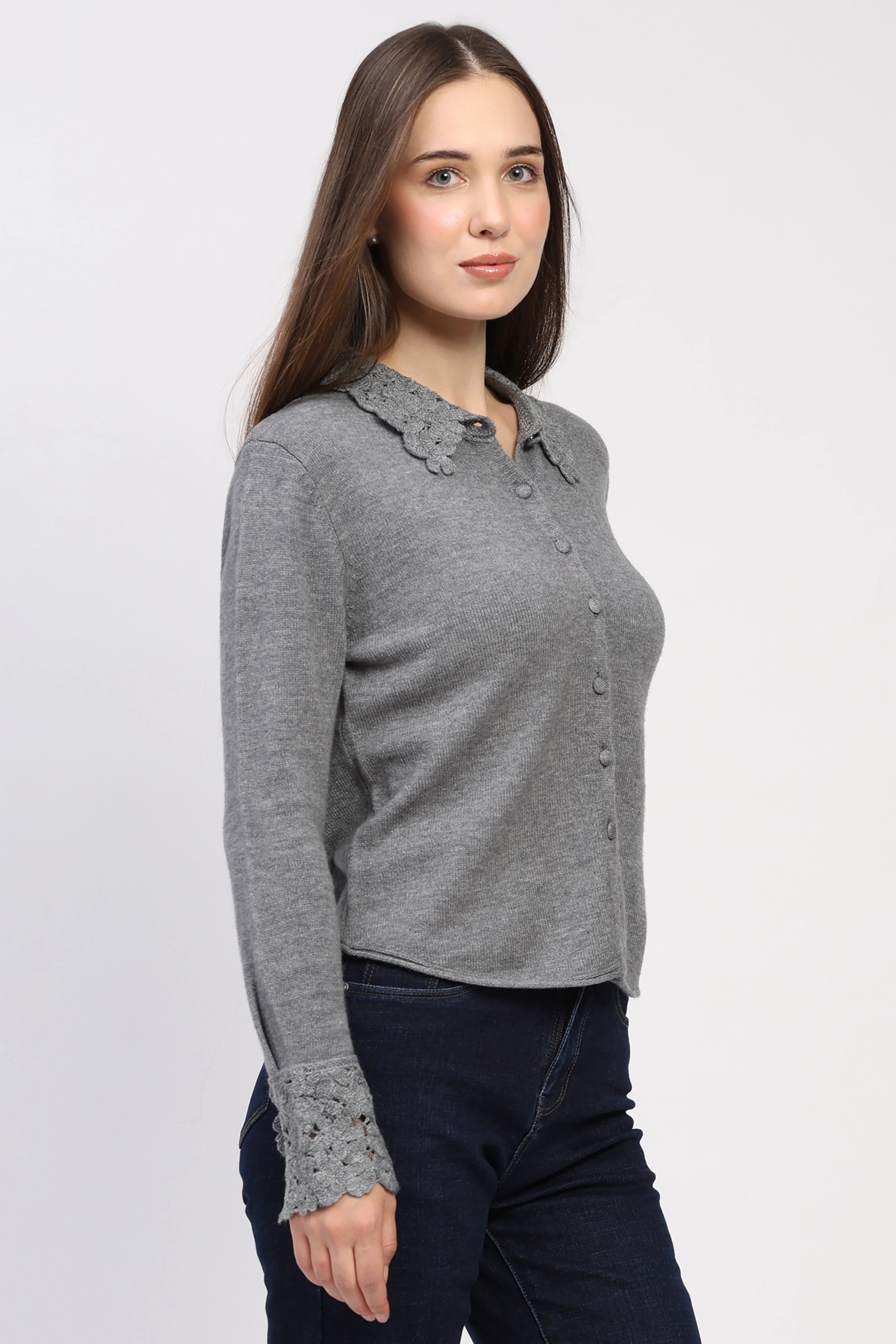 Grey Crochet Detail Winter Shirt
