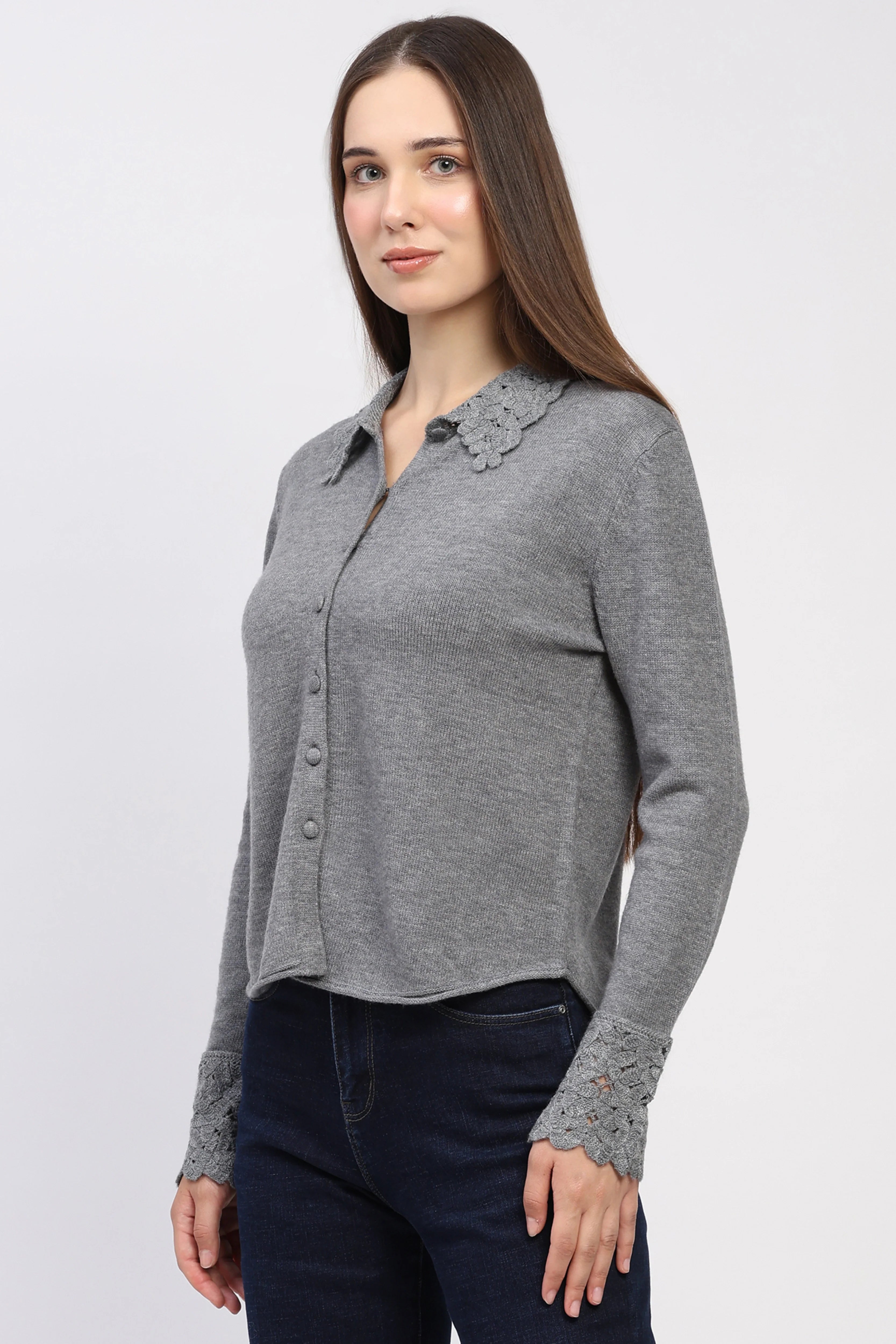 Grey Crochet Detail Winter Shirt
