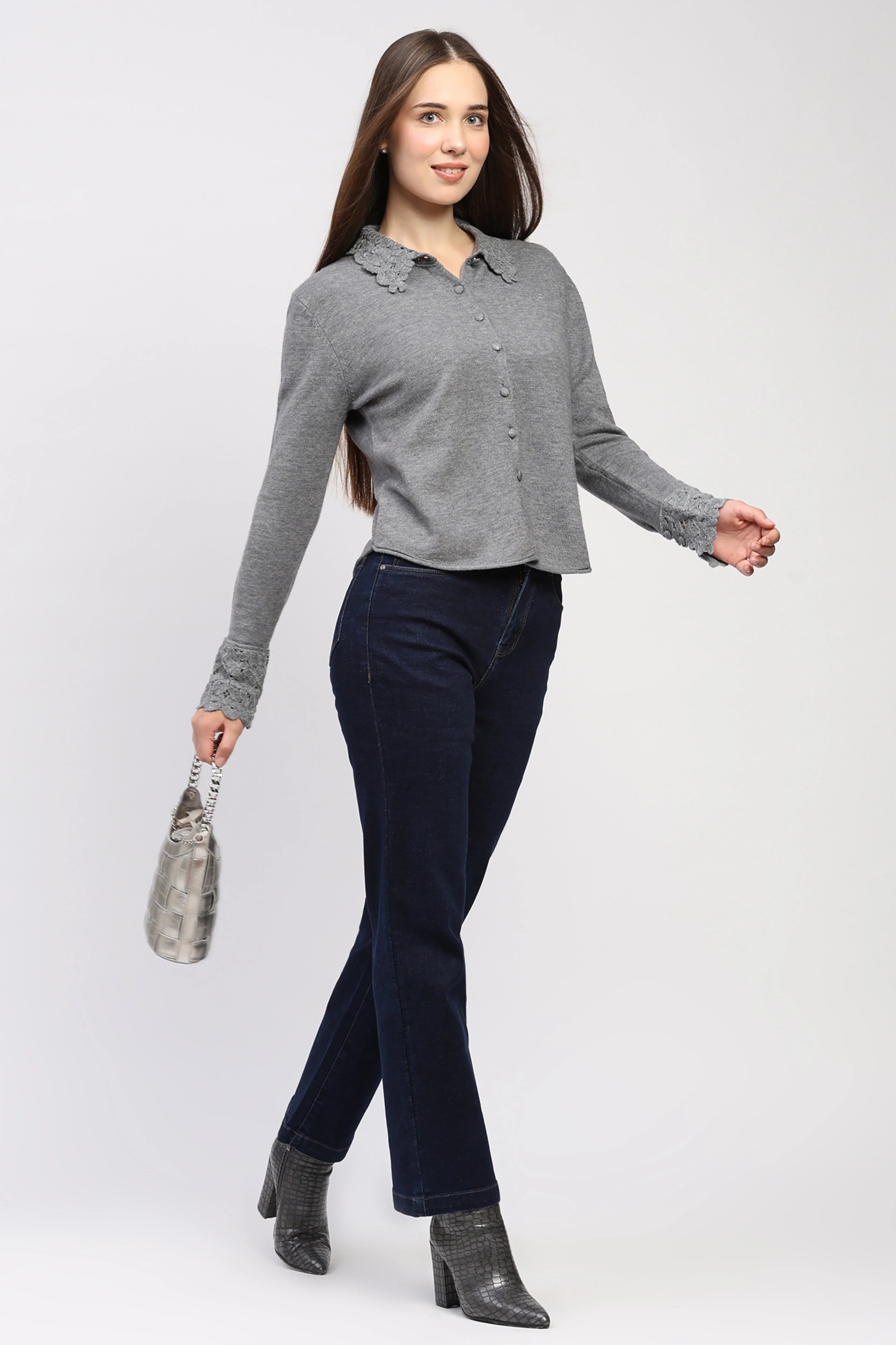 Grey Crochet Detail Winter Shirt