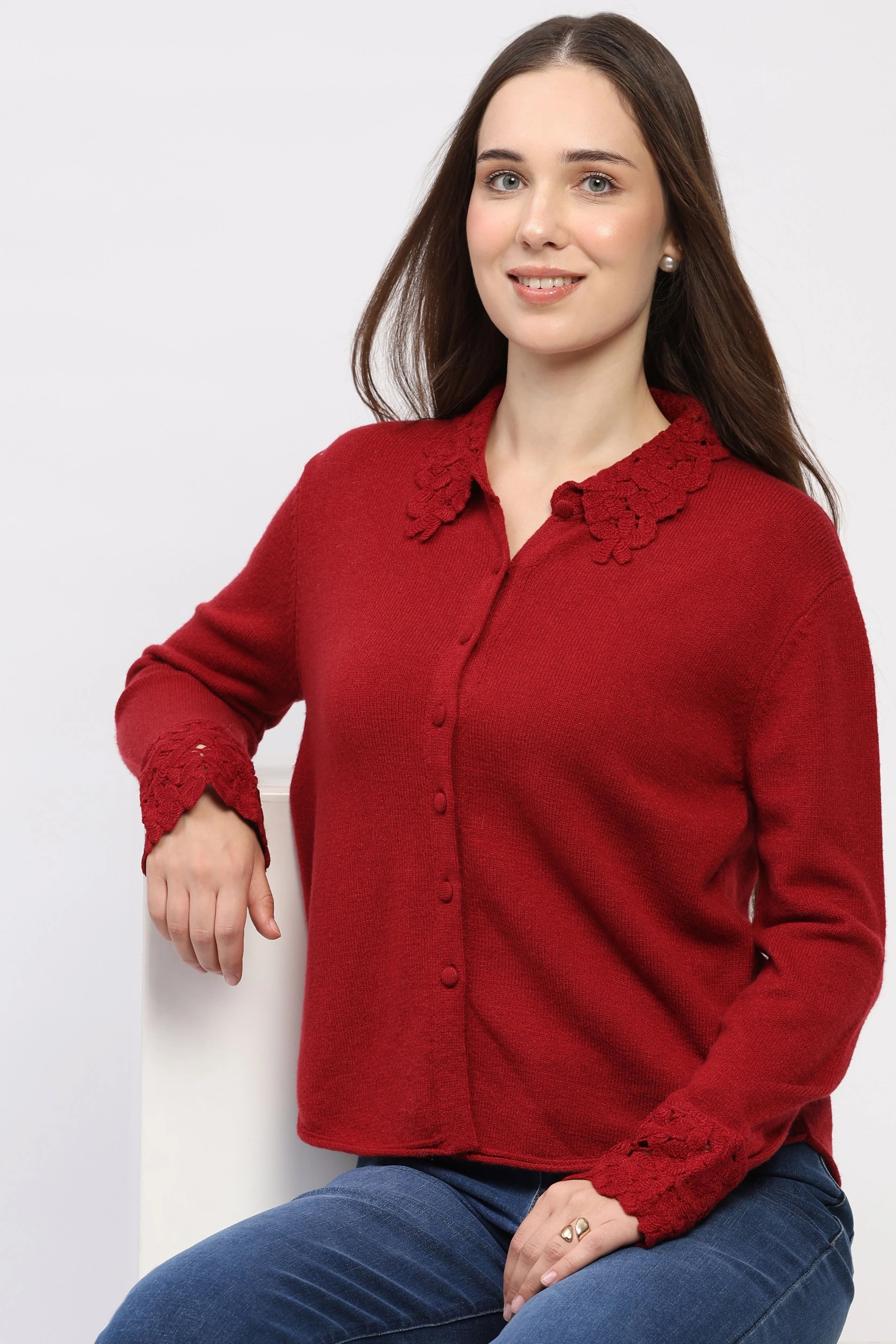 Red Crochet Detail Winter Shirt