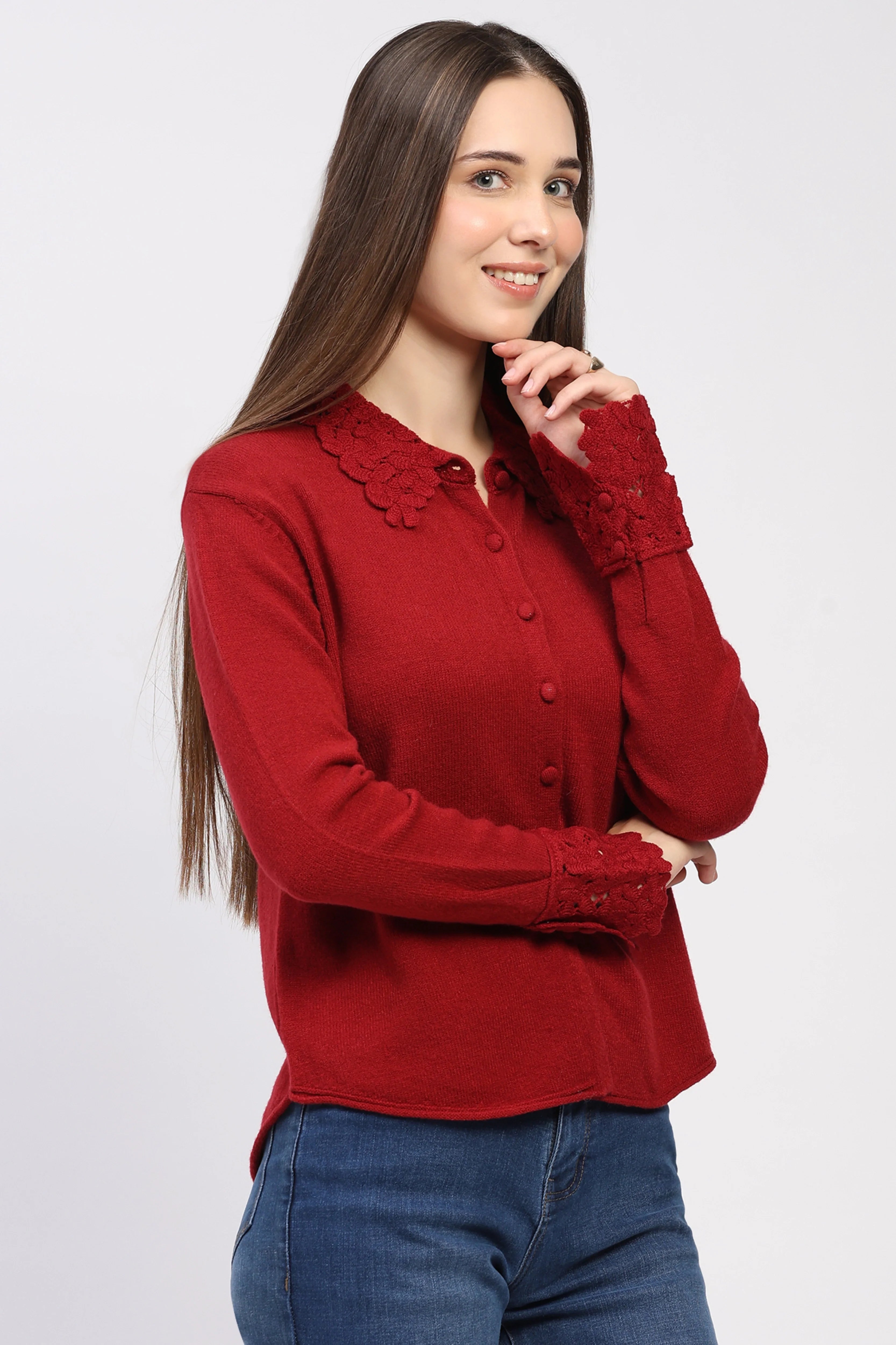 Red Crochet Detail Winter Shirt