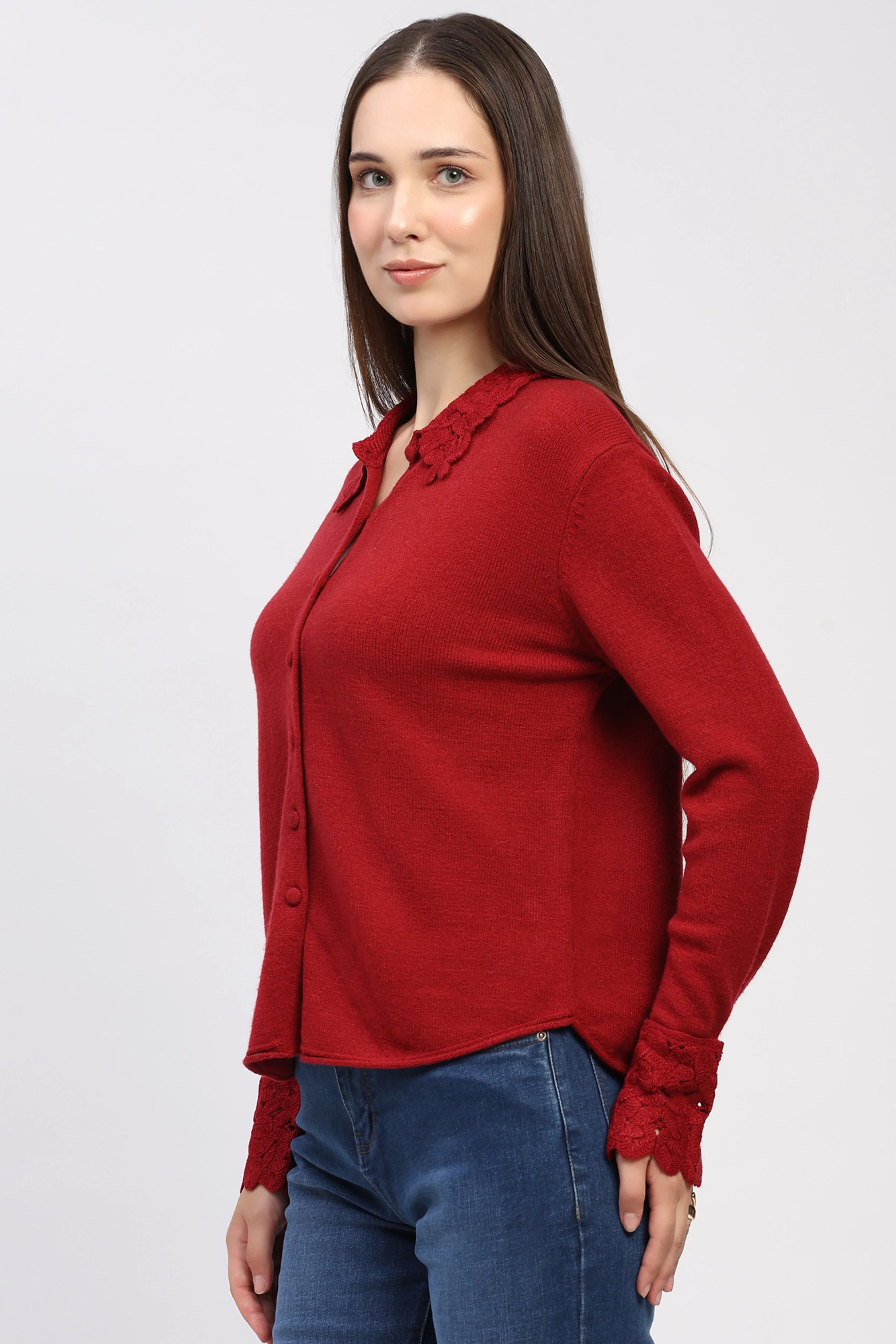 Red Crochet Detail Winter Shirt