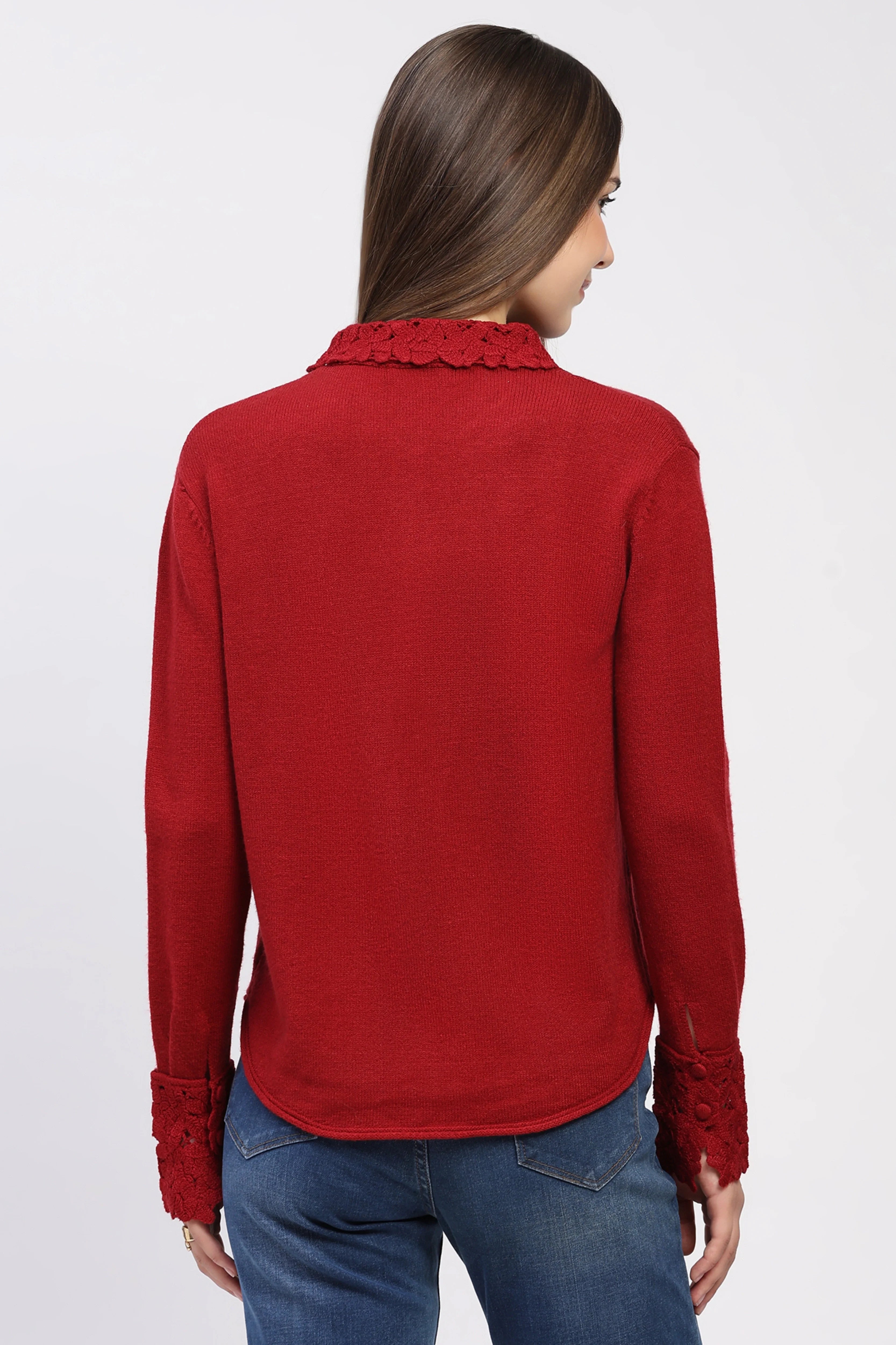 Red Crochet Detail Winter Shirt