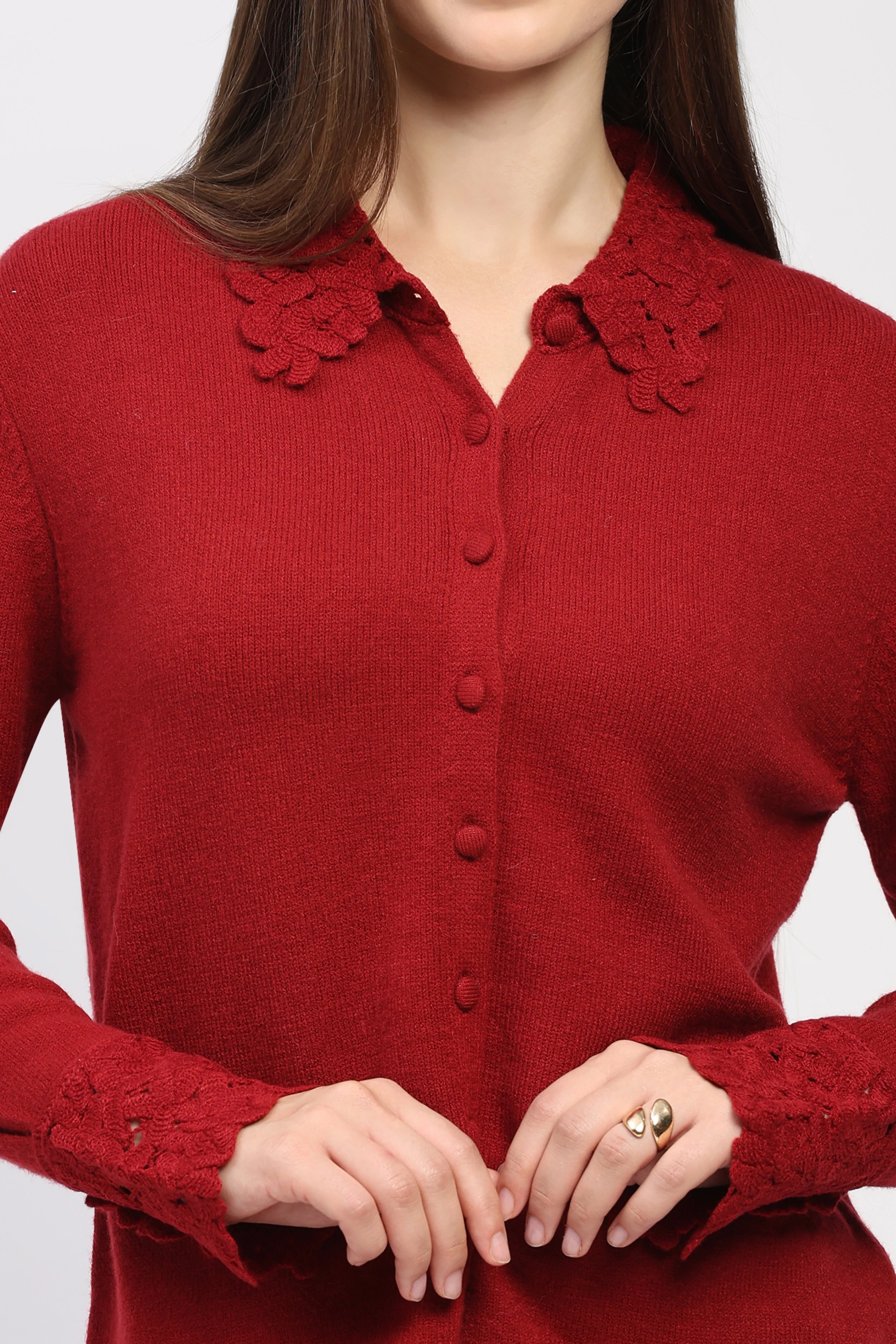 Red Crochet Detail Winter Shirt