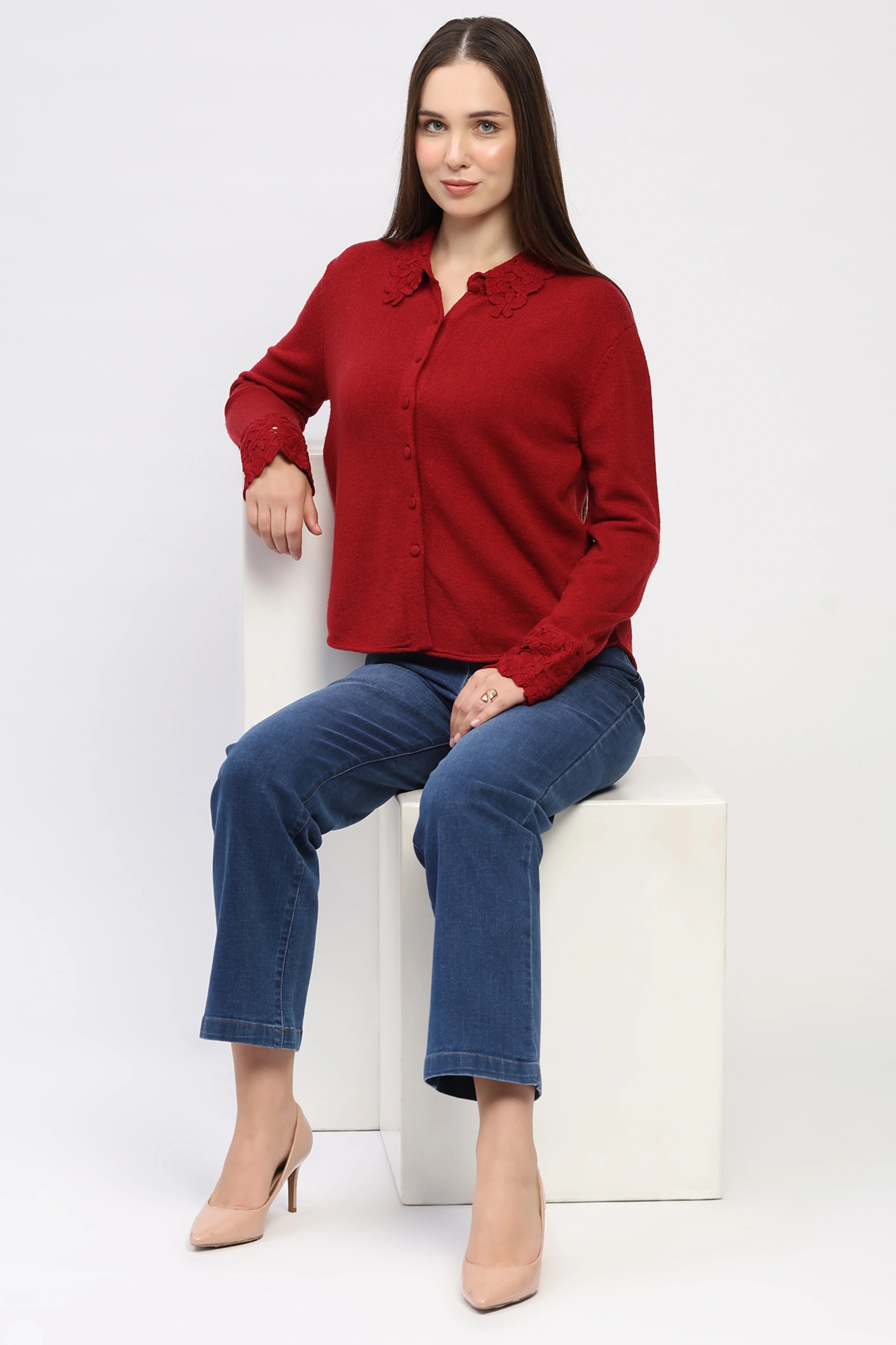 Red Crochet Detail Winter Shirt