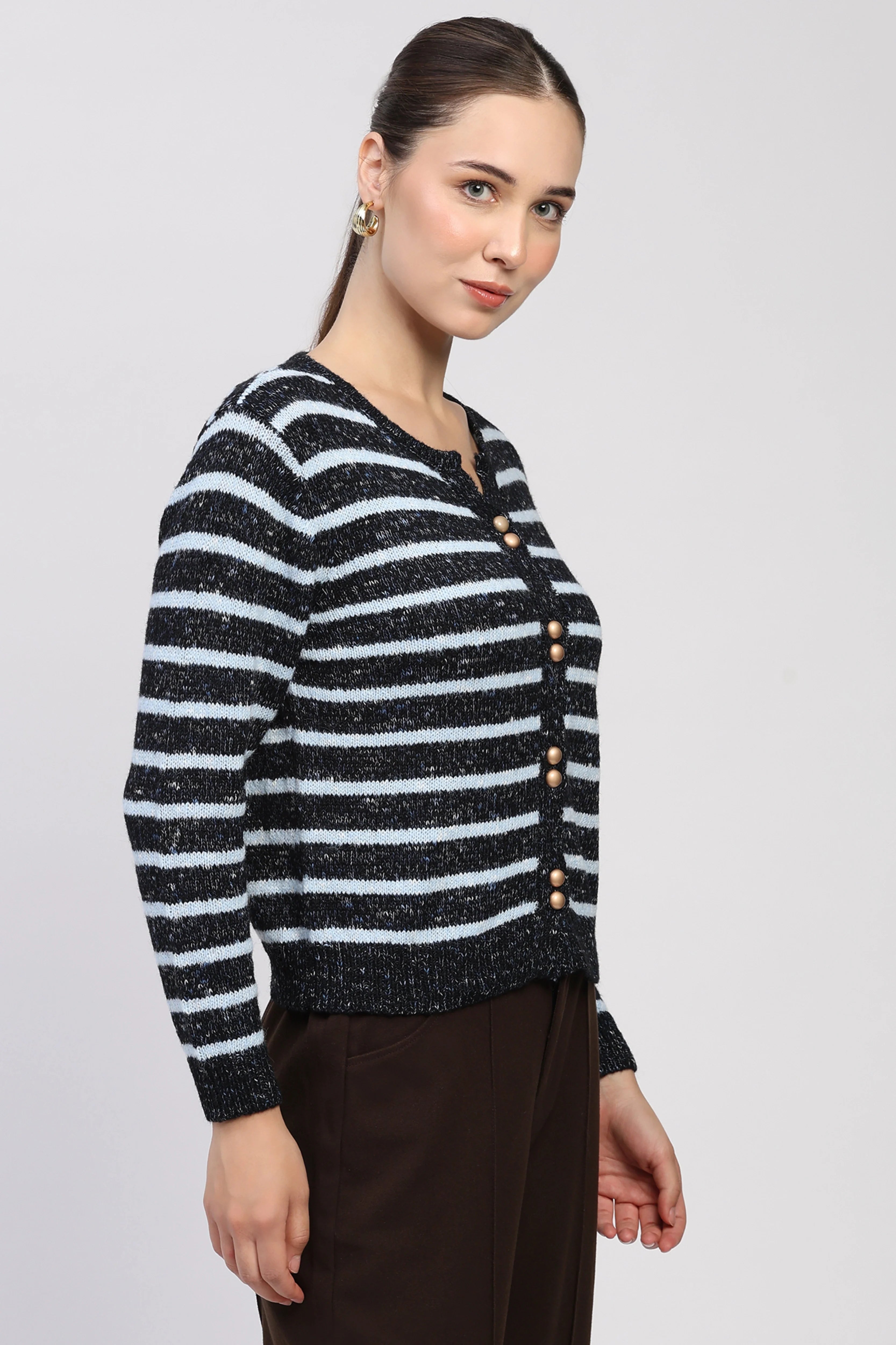 Navy Melange Gold-Button Cardigan