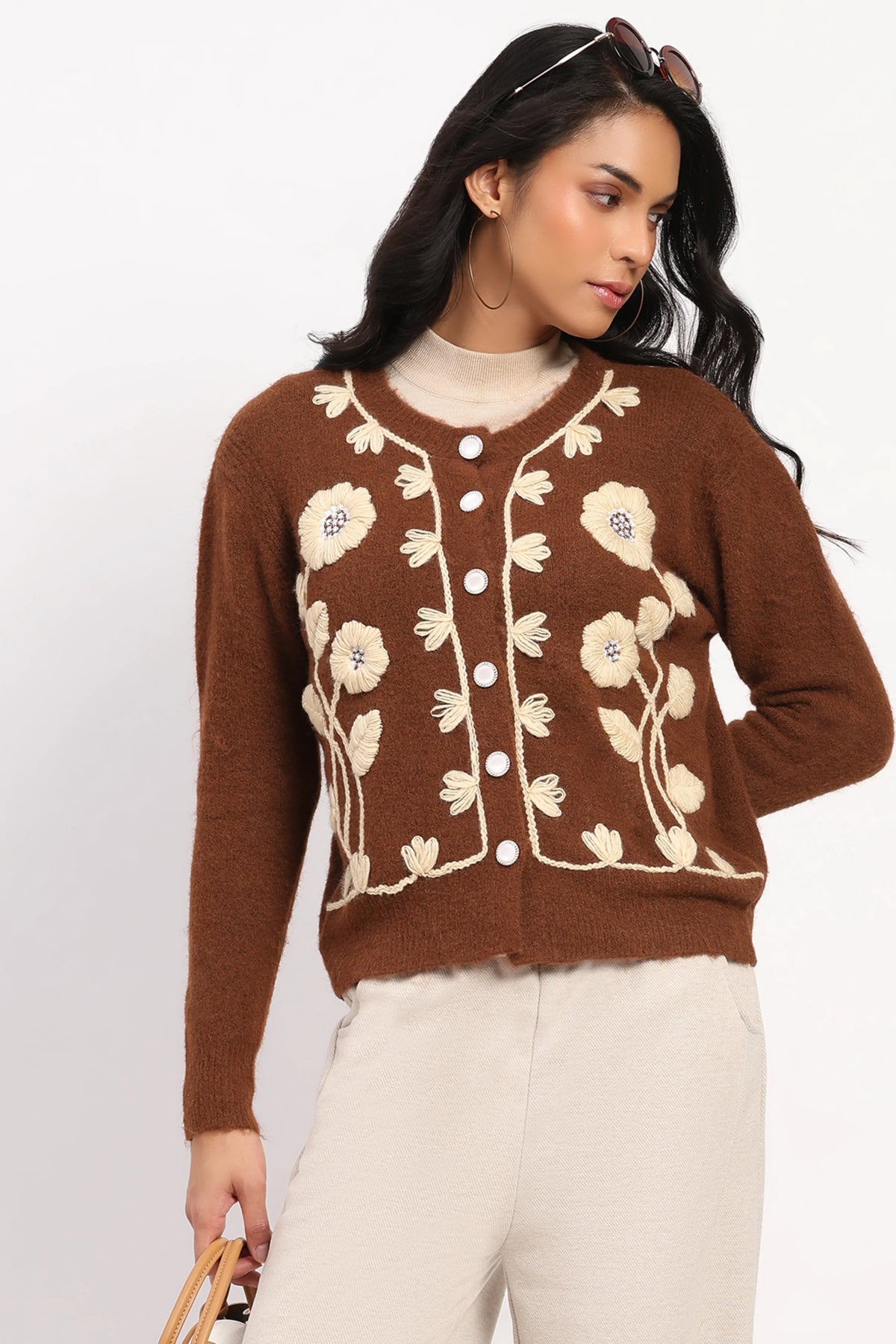 Brown Floral Embroidered Cardigan-Global Republic