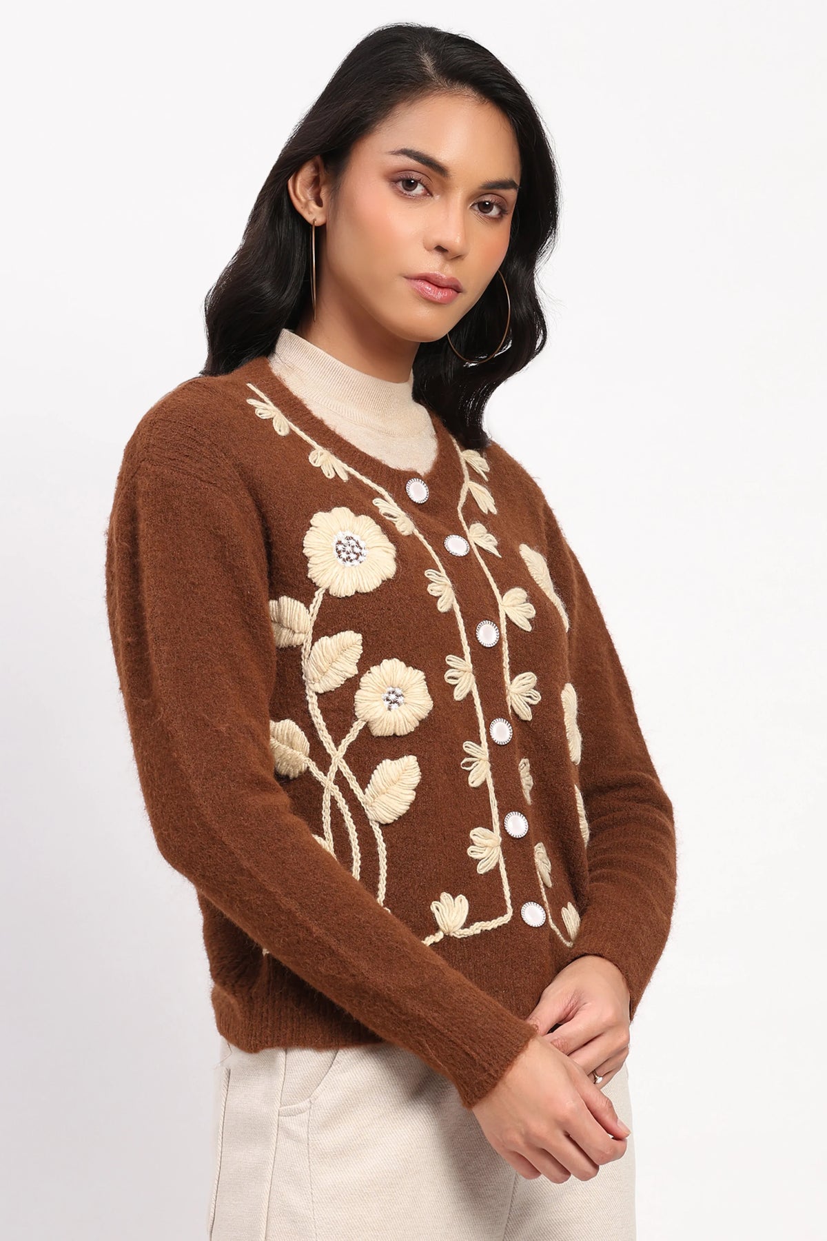 Brown Floral Embroidered Cardigan-Global Republic