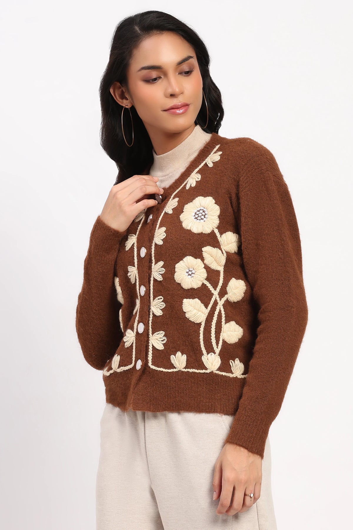 Brown Floral Embroidered Cardigan-Global Republic