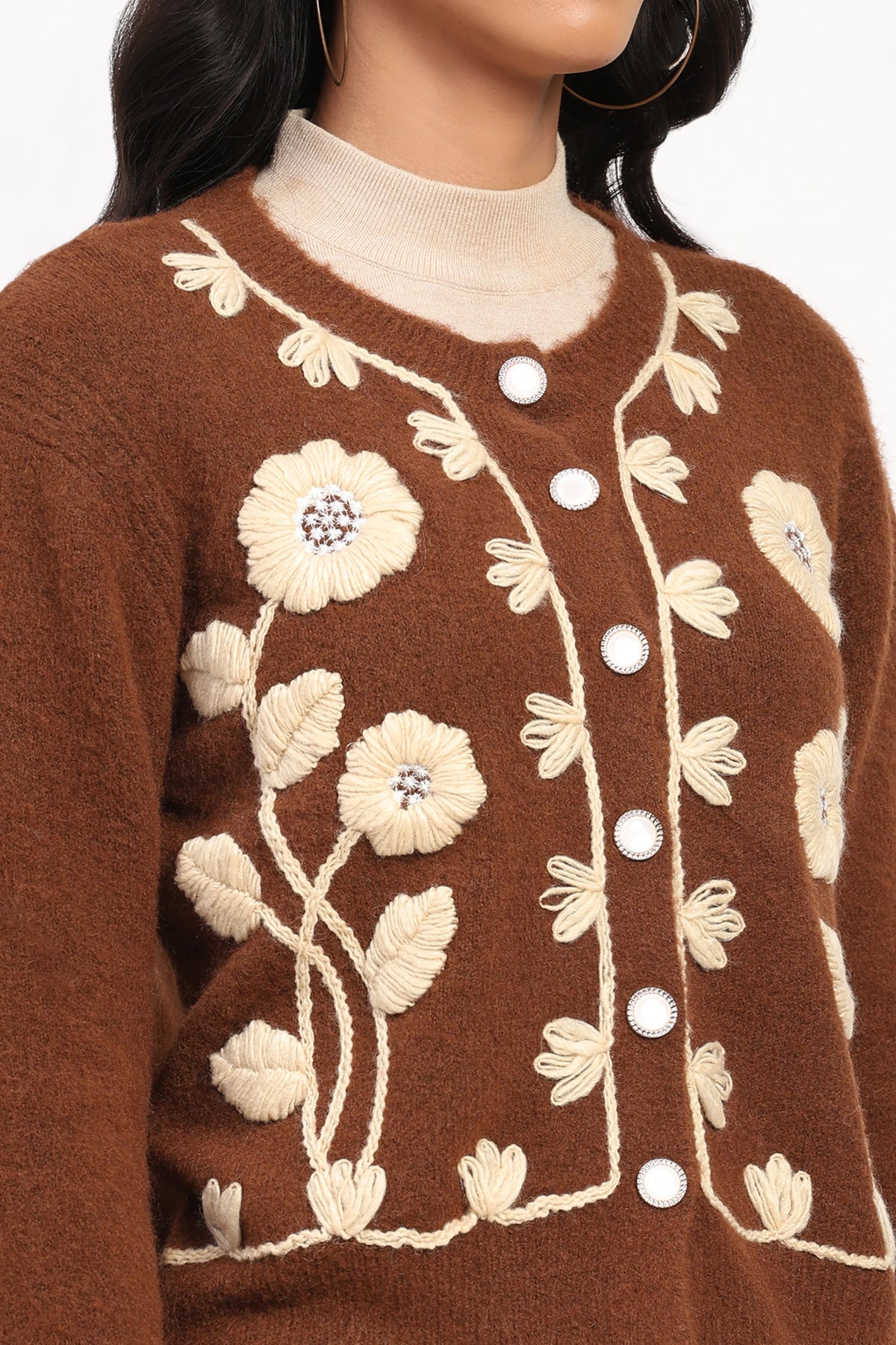 Brown Floral Embroidered Cardigan-Global Republic
