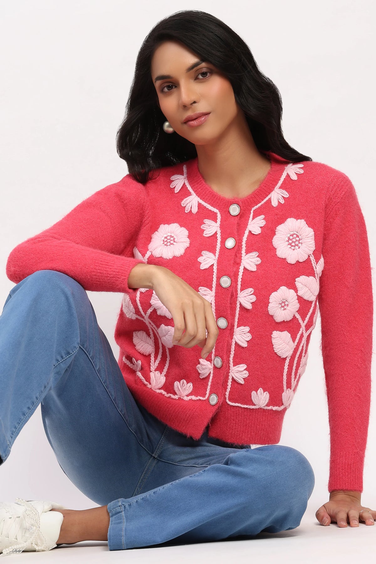 Fuchsia Floral Embroidered Cardigan-Global Republic