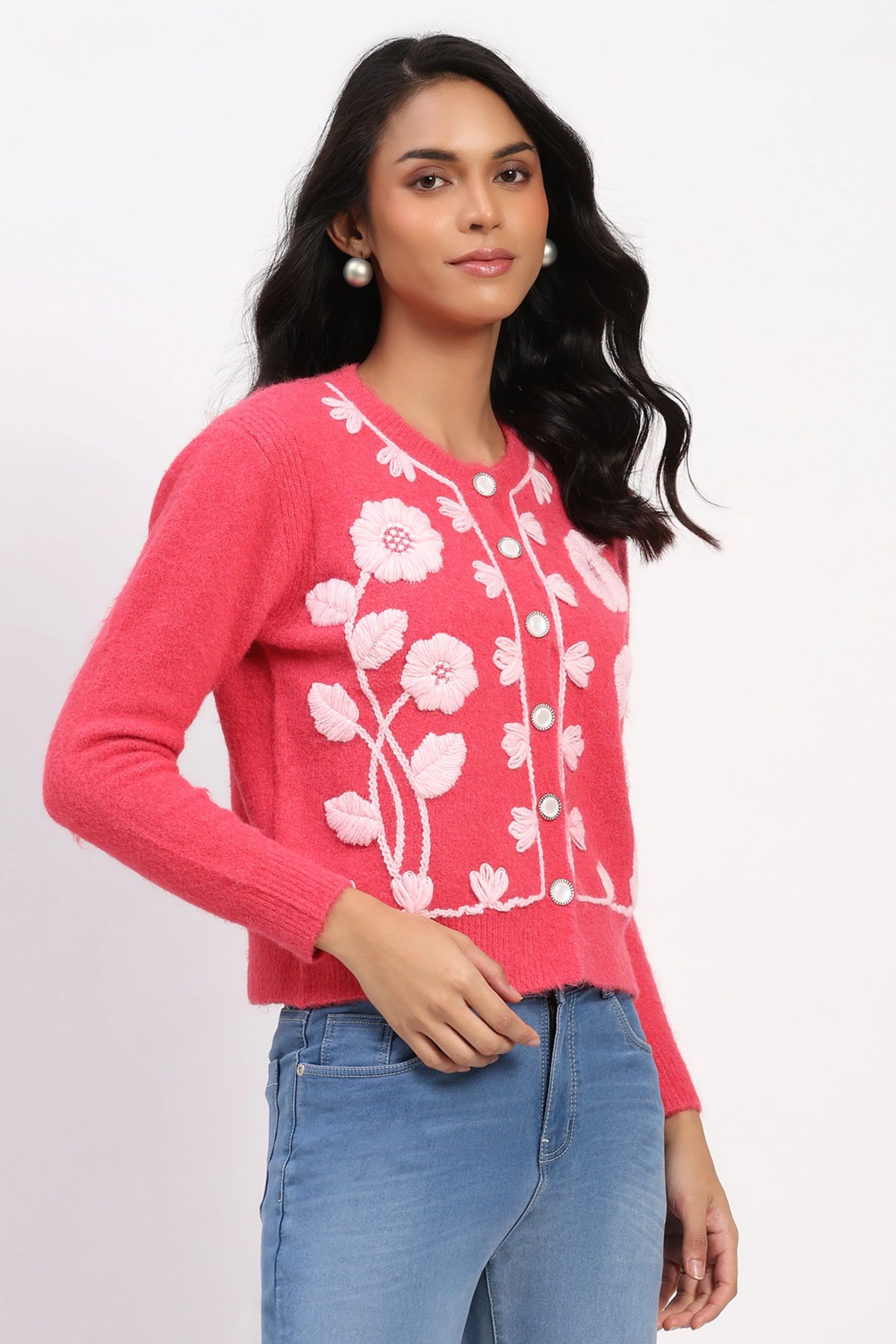 Fuchsia Floral Embroidered Cardigan-Global Republic