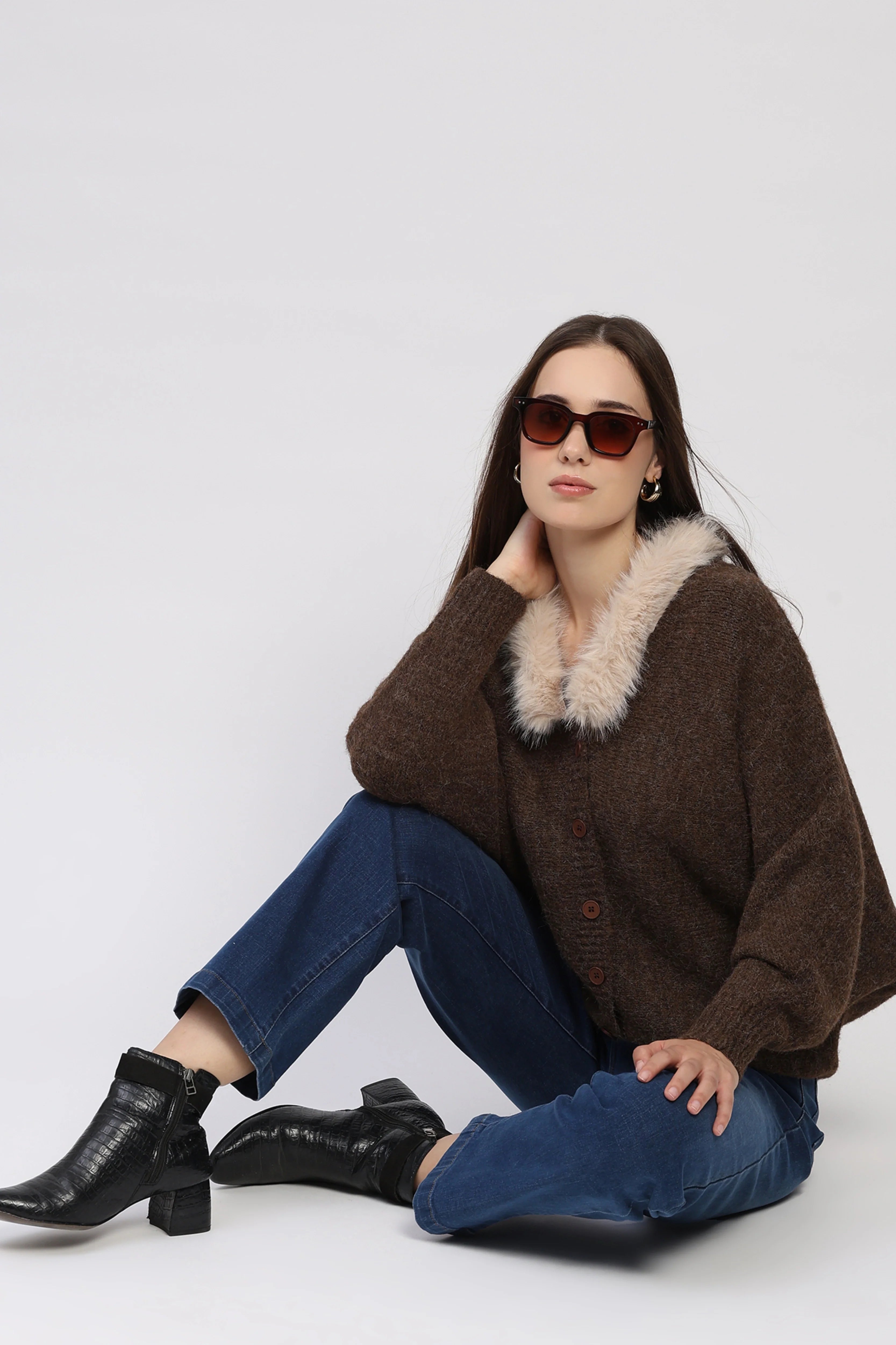 Brown Fur-Trimmed Cardigan
