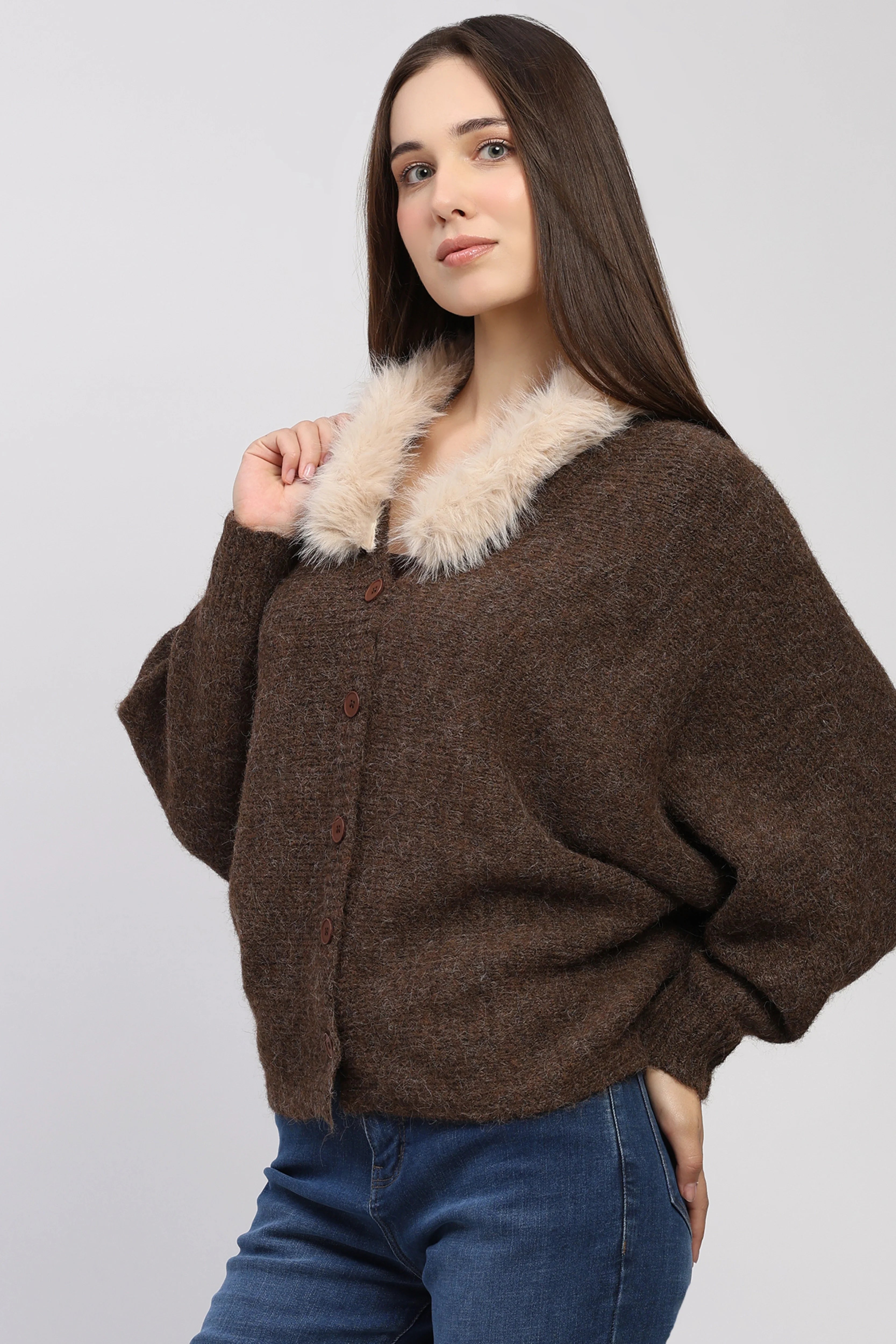 Brown Fur-Trimmed Cardigan