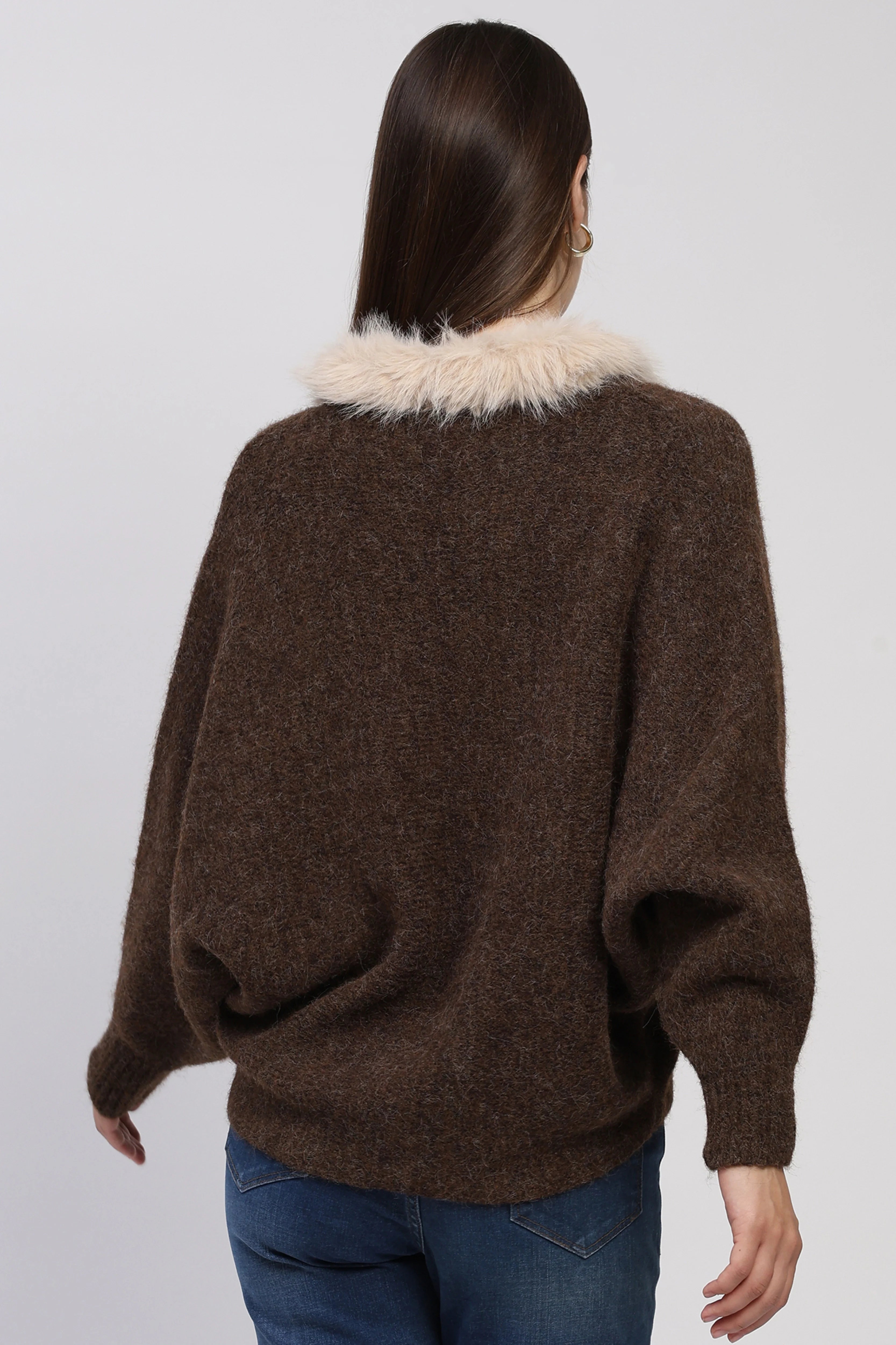 Brown Fur-Trimmed Cardigan
