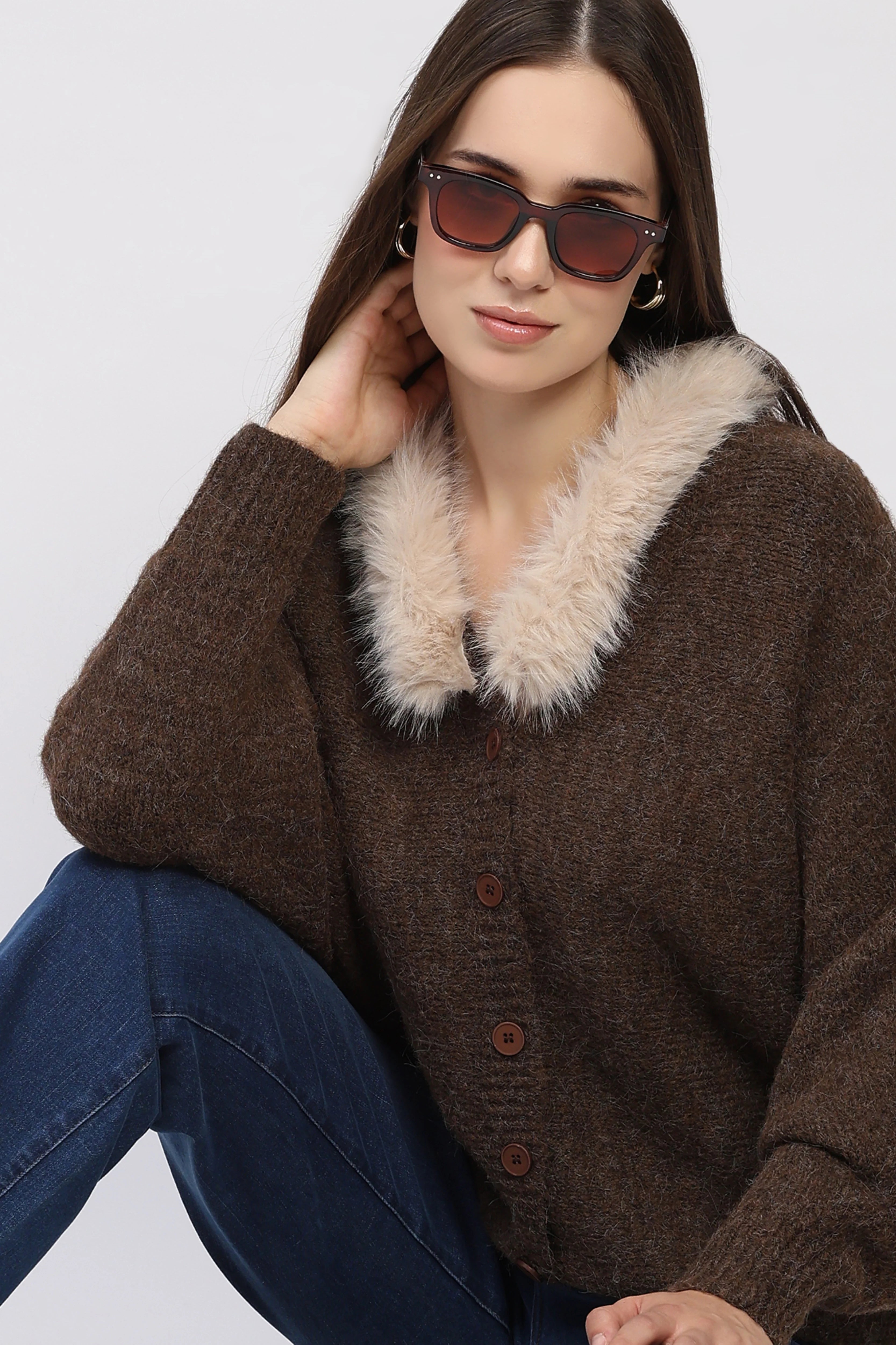 Brown Fur-Trimmed Cardigan
