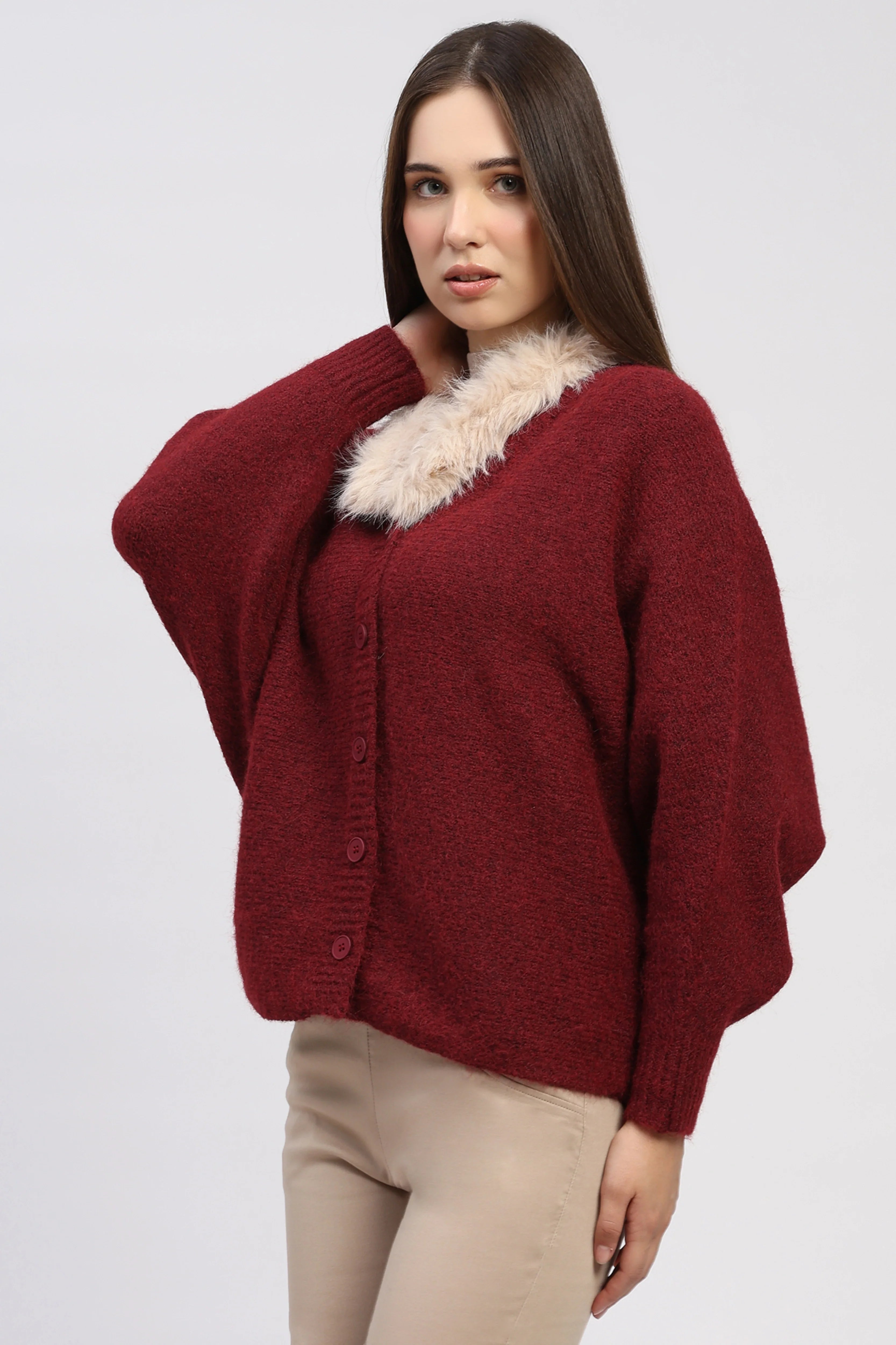 Maroon Fur-Trimmed Cardigan