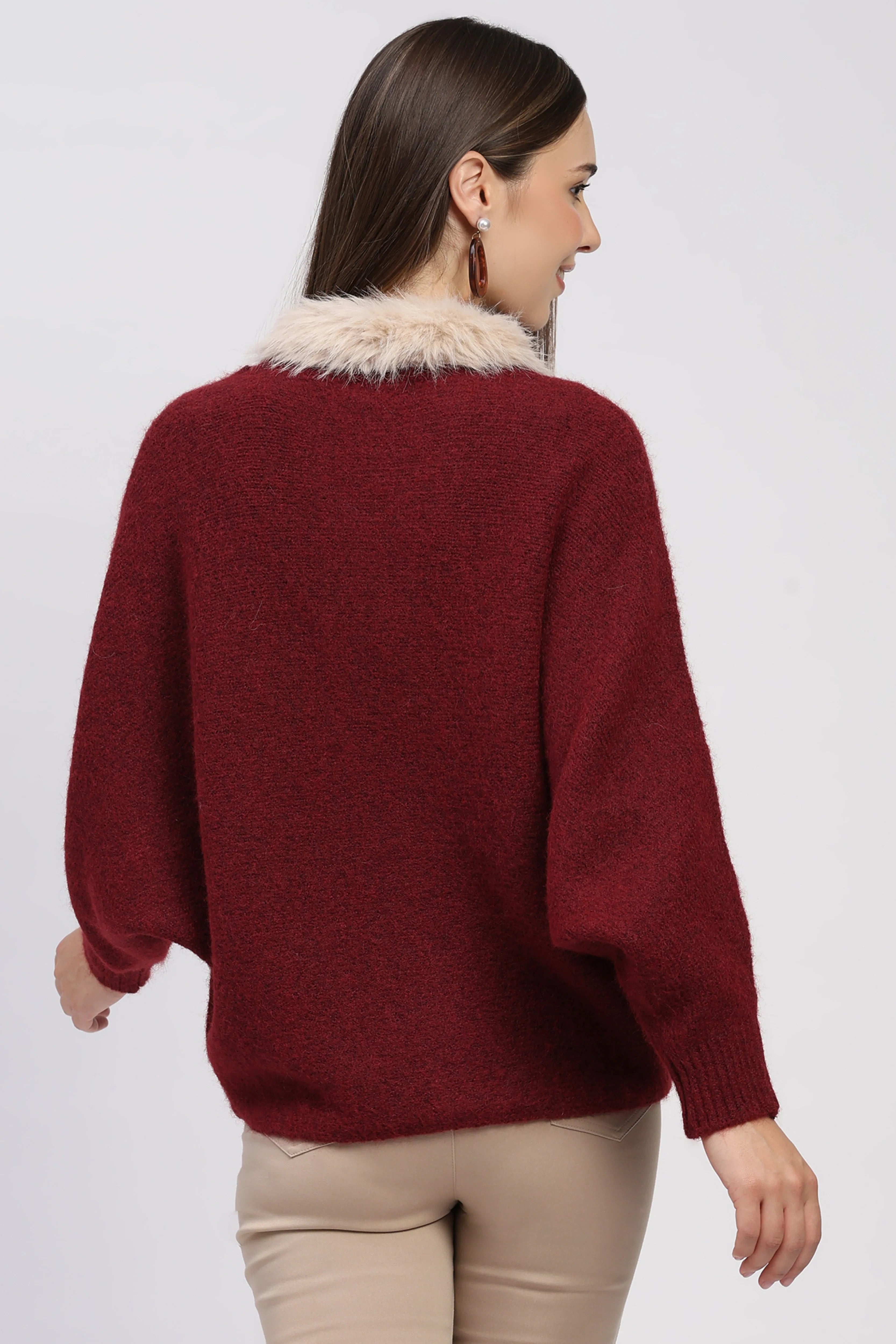 Maroon Fur-Trimmed Cardigan