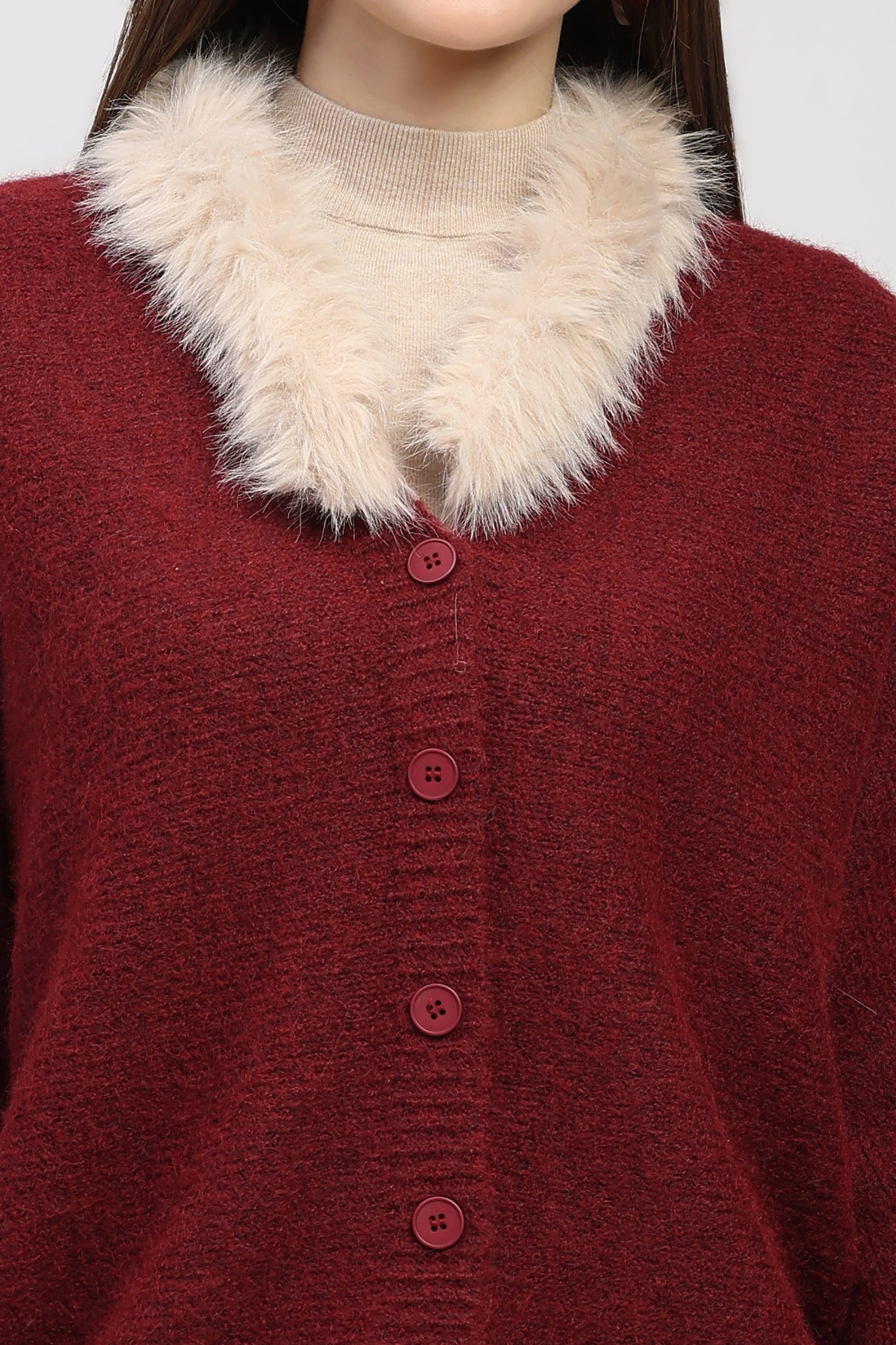 Maroon Fur-Trimmed Cardigan