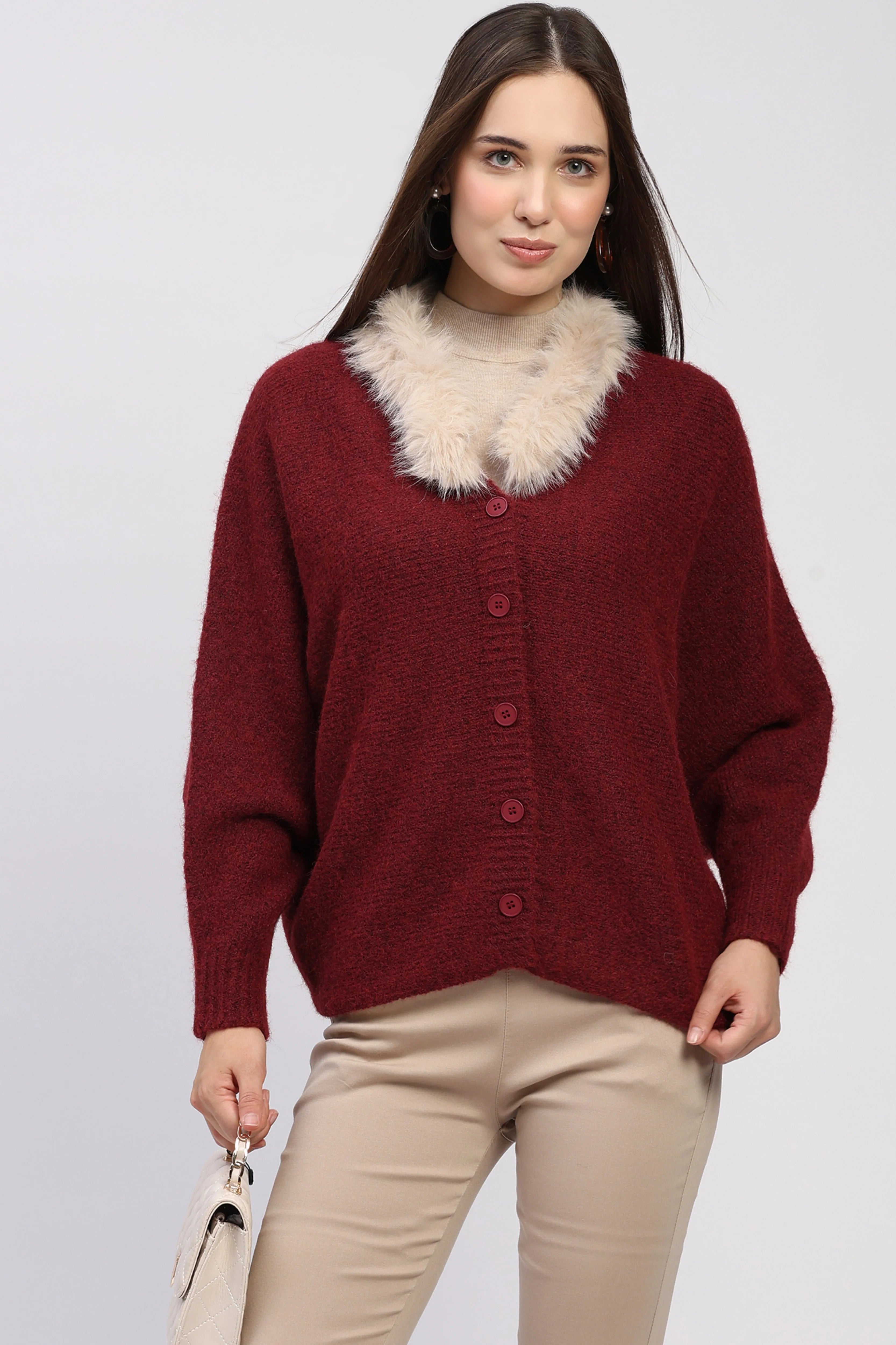 Maroon Fur-Trimmed Cardigan