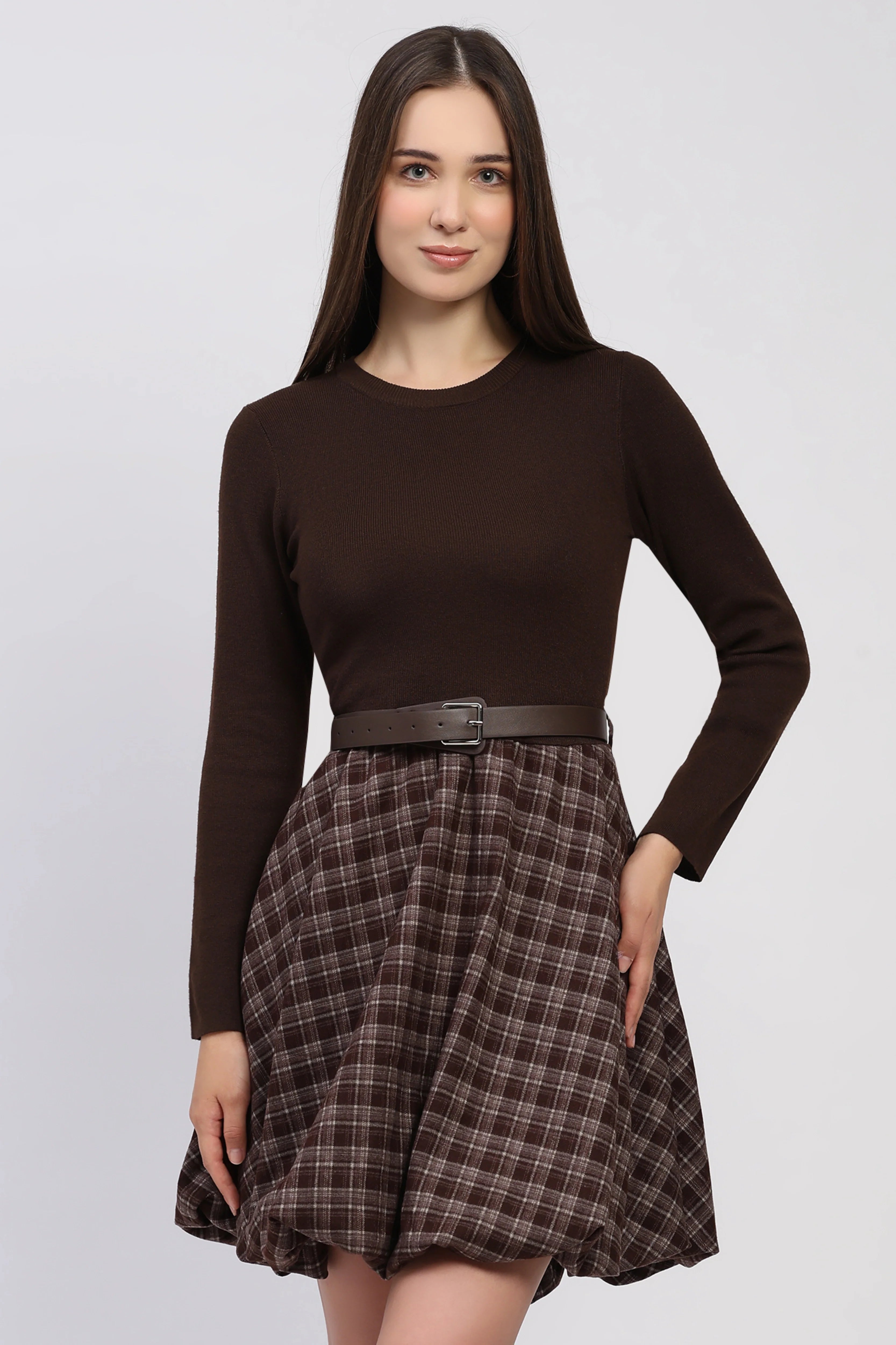 Belted Checkered Winter Dress