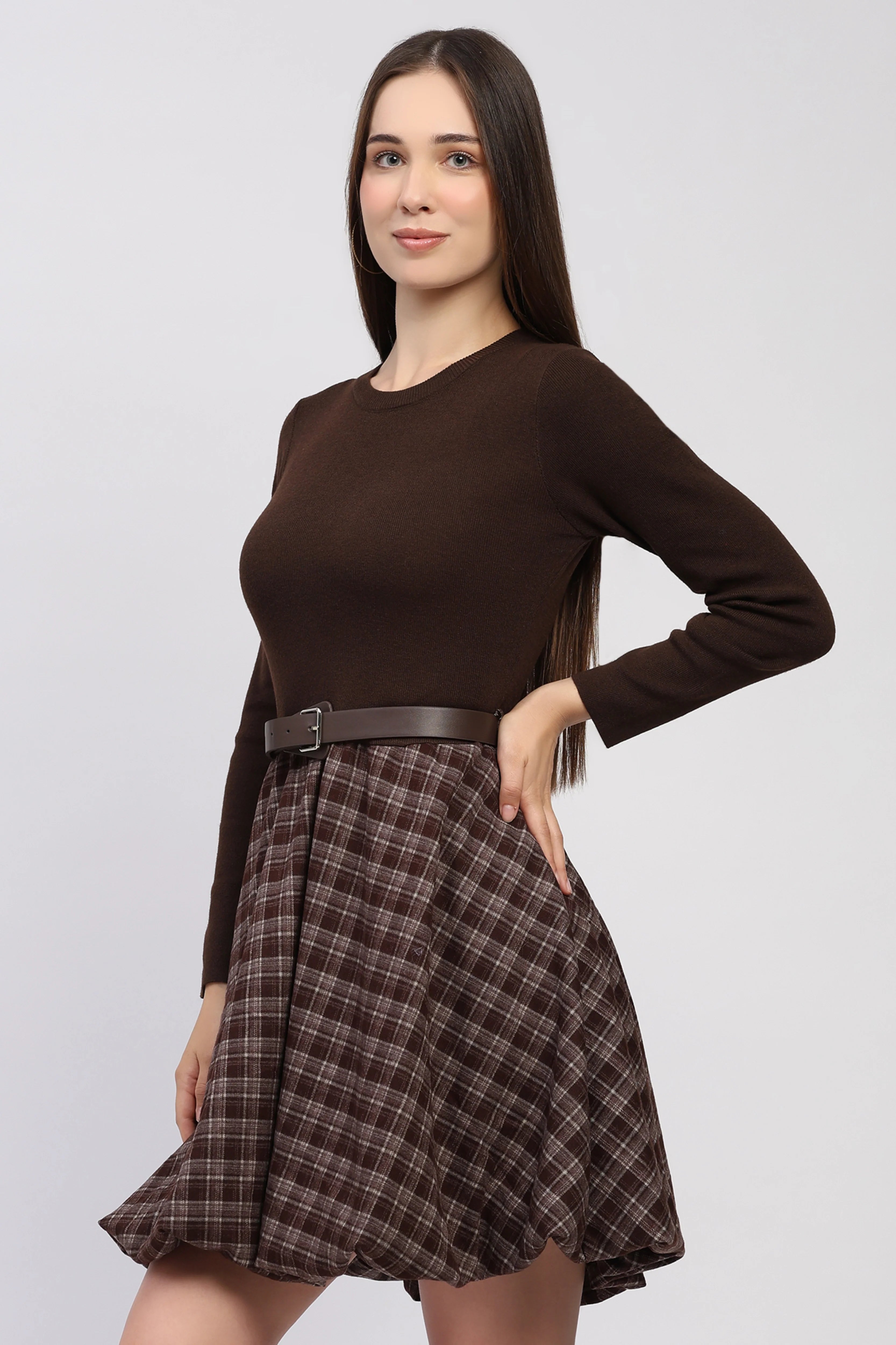 Belted Checkered Winter Dress