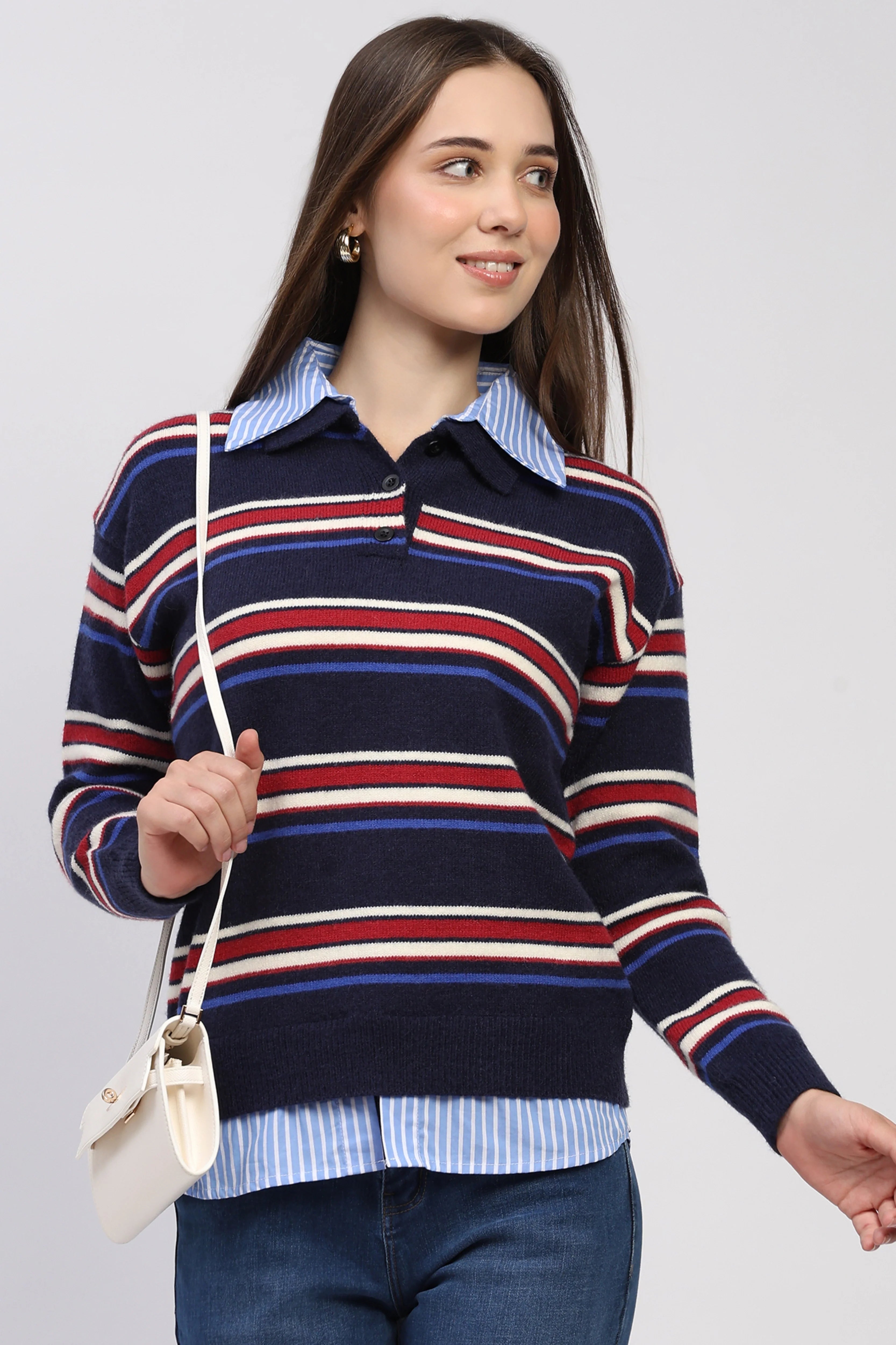 Navy Striped Shirt Collar Pullover